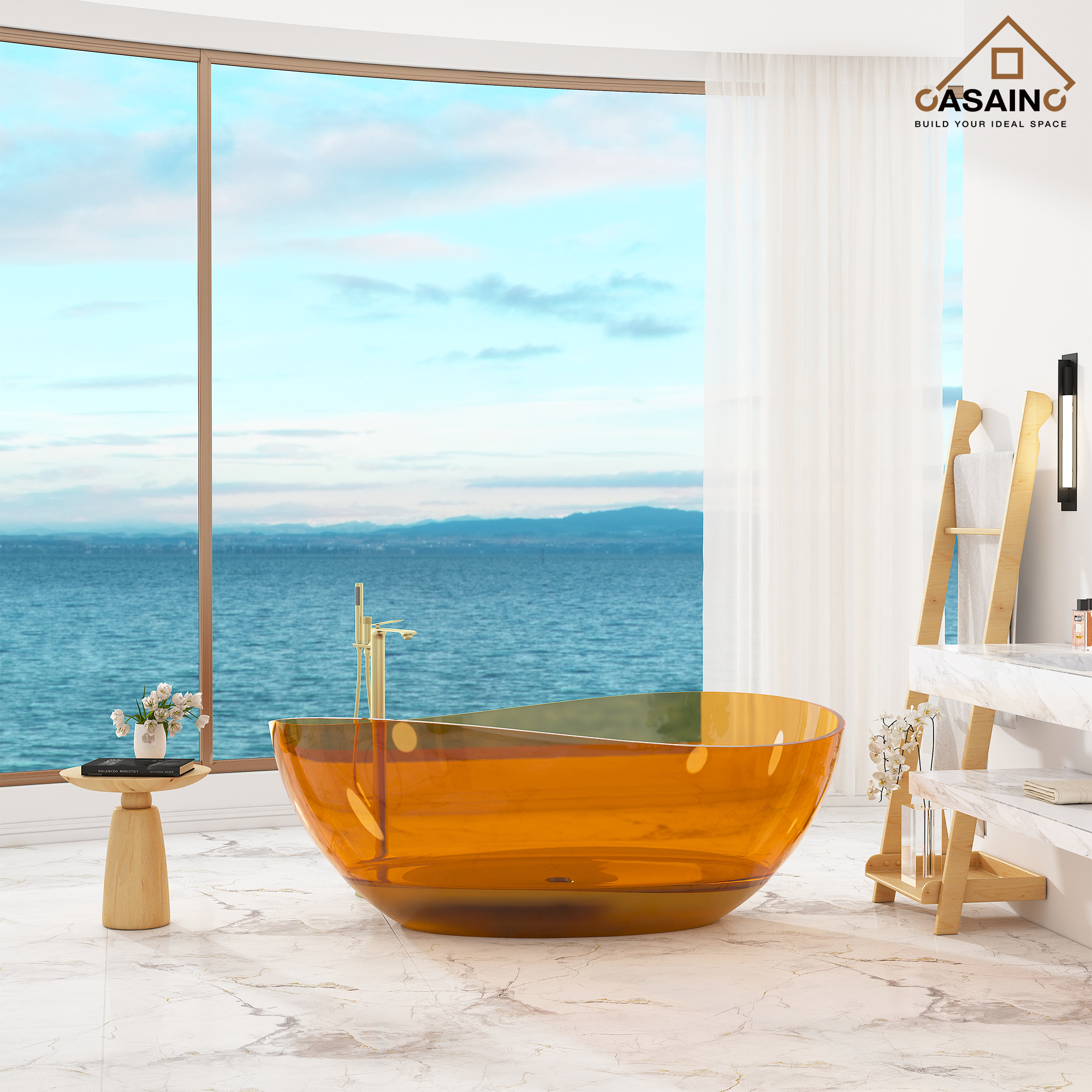 63" Unique Shaped Transparent Resin Freestanding Bathtub with Central Drain