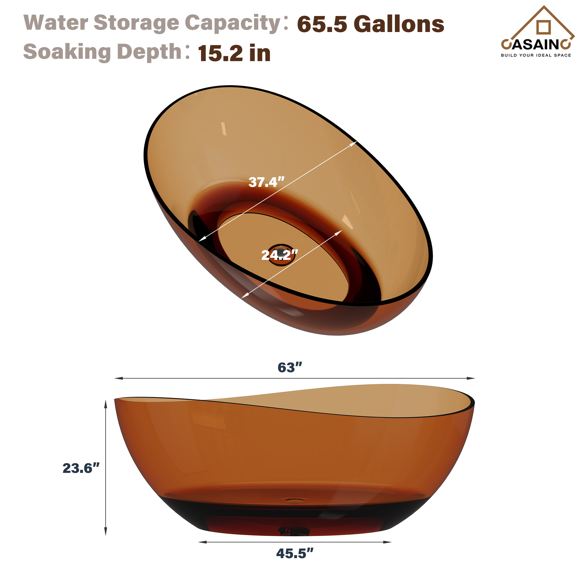 63" Unique Shaped Transparent Resin Freestanding Bathtub with Central Drain