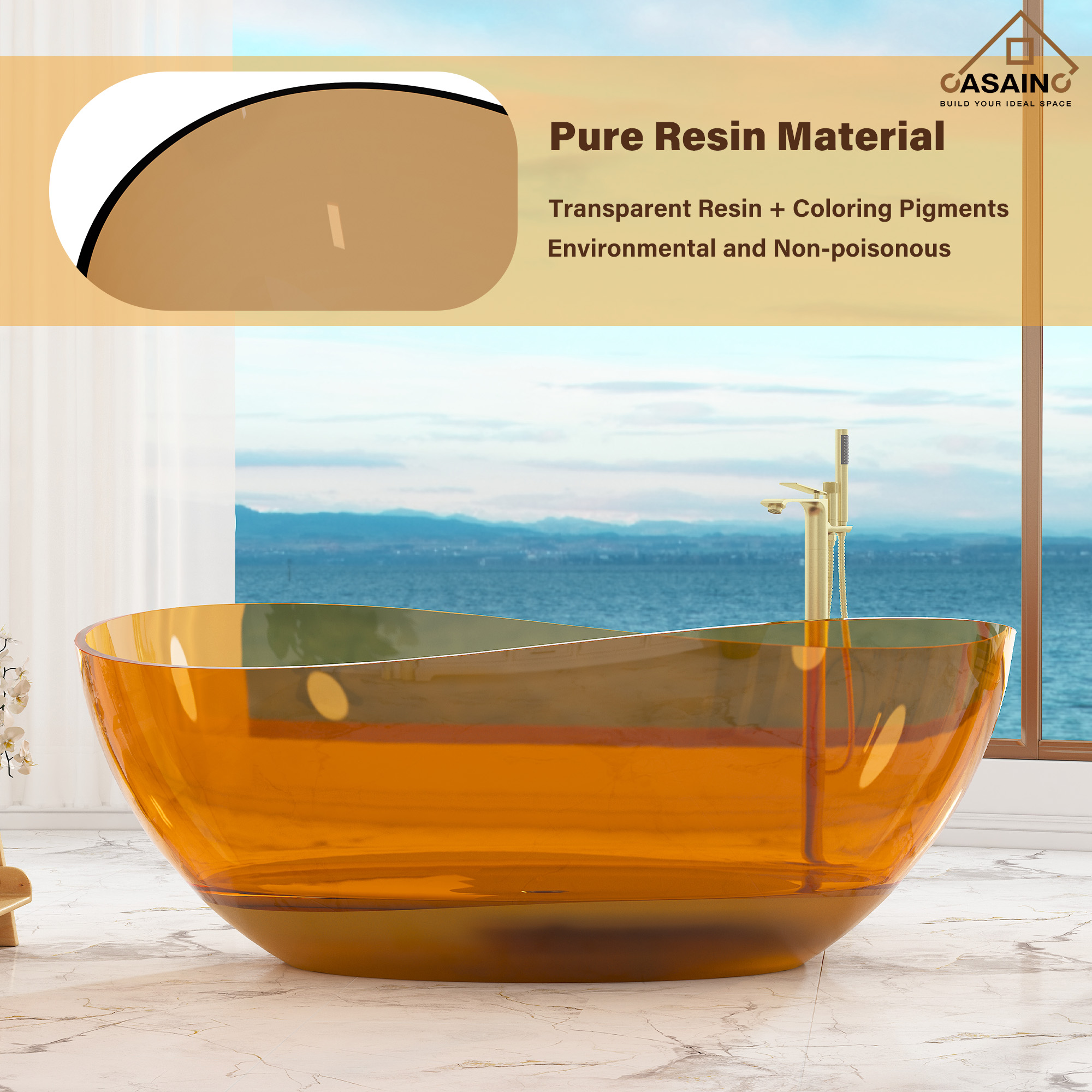 63" Unique Shaped Transparent Resin Freestanding Bathtub with Central Drain