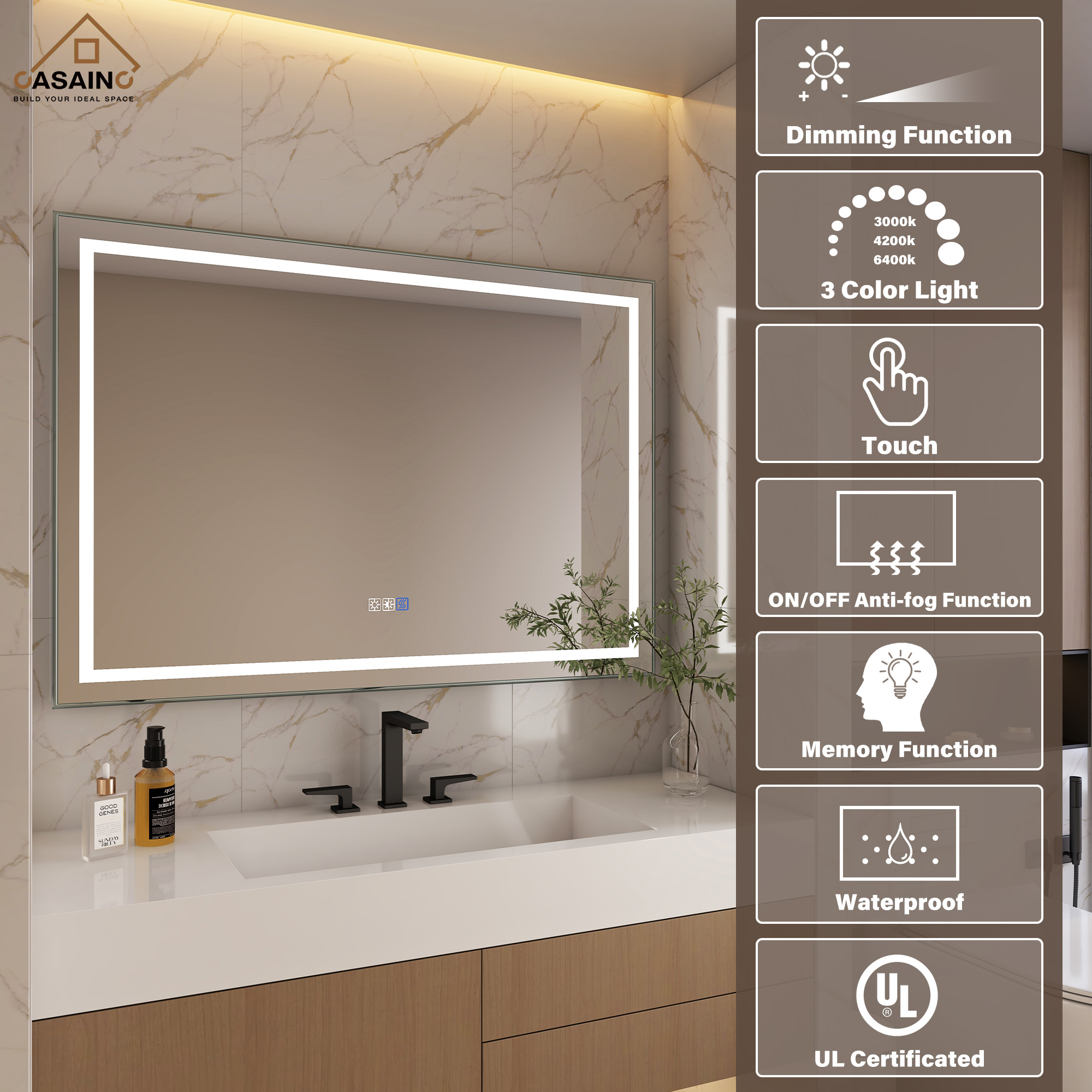 Frameless Rectangular LED Bathroom Mirror with Anti-Fog, Shatter-Proof