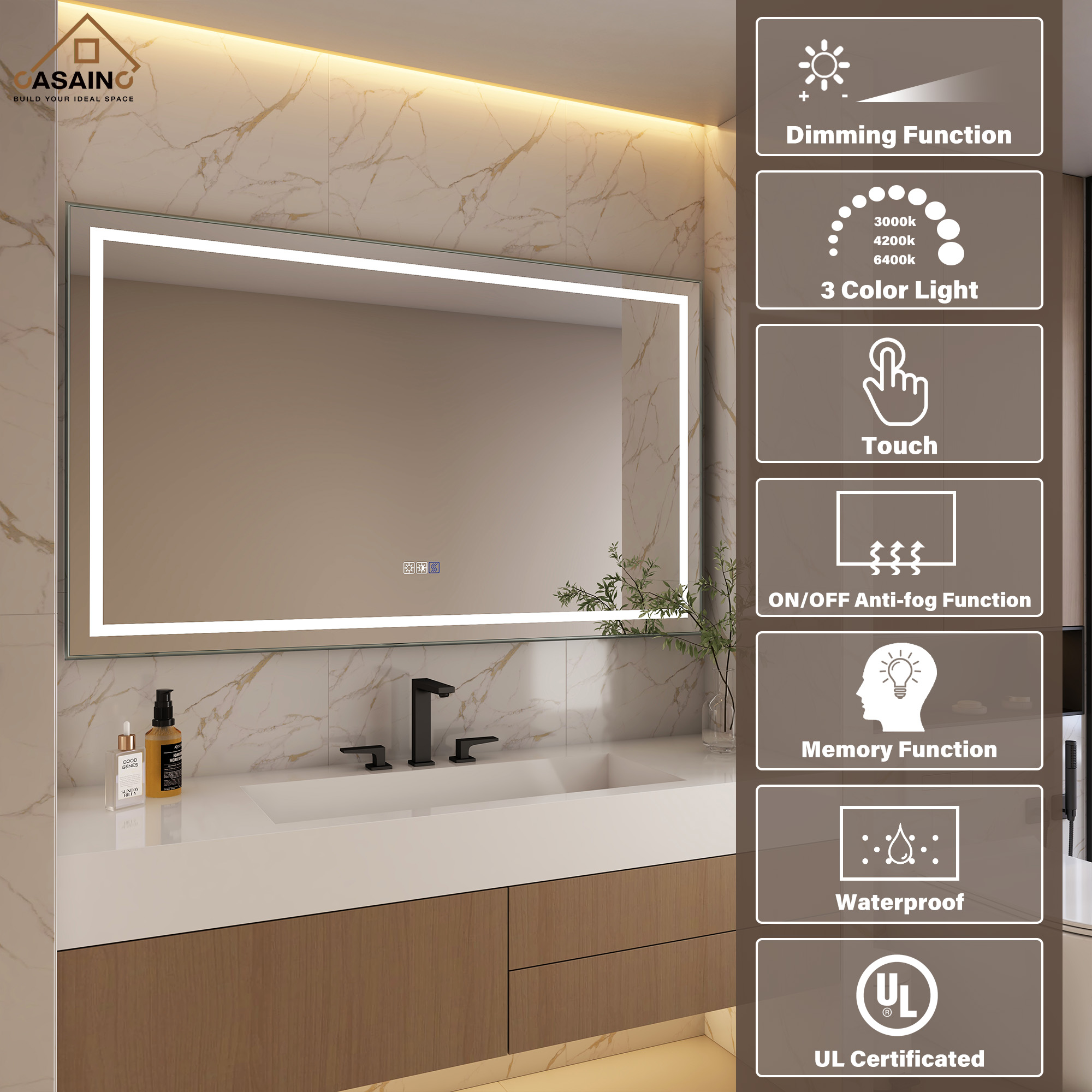 Frameless Rectangular LED Bathroom Mirror with Anti-Fog, Shatter-Proof