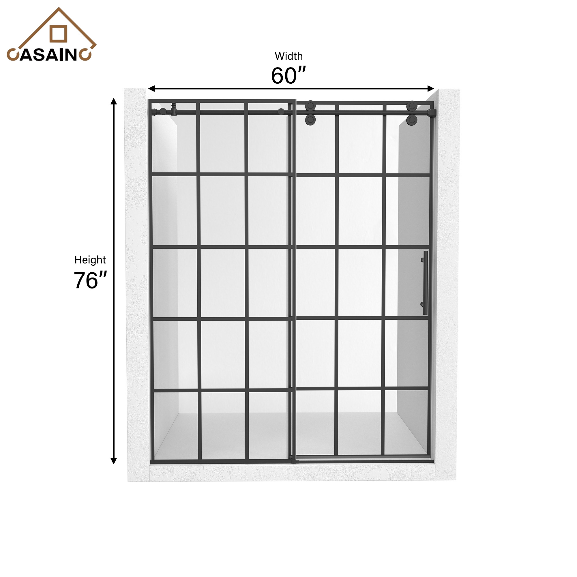 48"x76"/60"x76" Silk-Screen Frameless Single Sliding Shower Door in Matte Black, Black Grid Pattern Design, Irreversible Installation