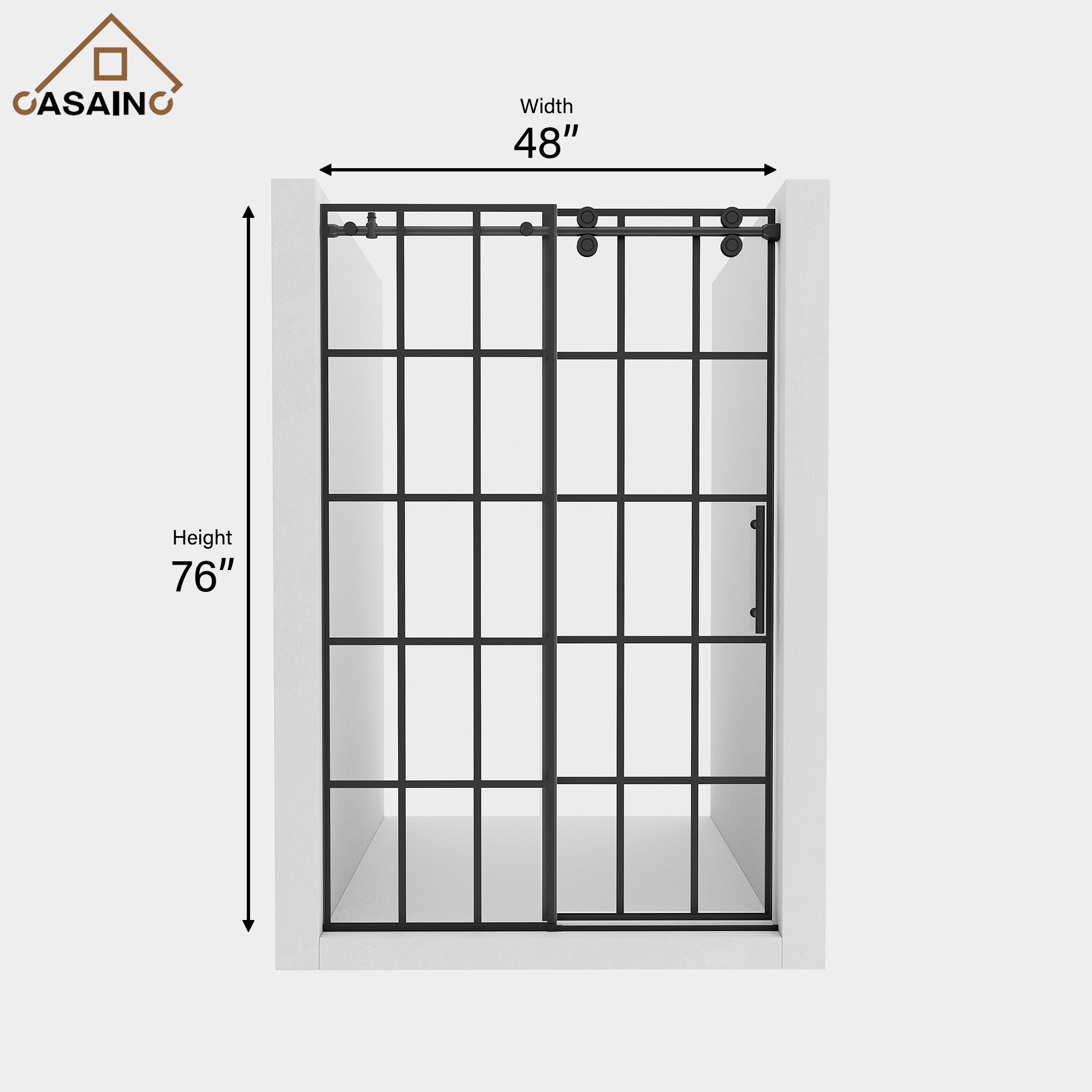 48"x76"/60"x76" Silk-Screen Frameless Single Sliding Shower Door in Matte Black, Black Grid Pattern Design, Irreversible Installation