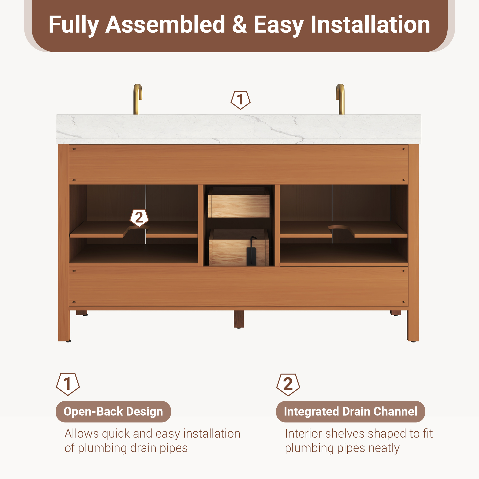 60" Double Sink Bathroom Vanity with Engineering Stone Top & 2 Basins