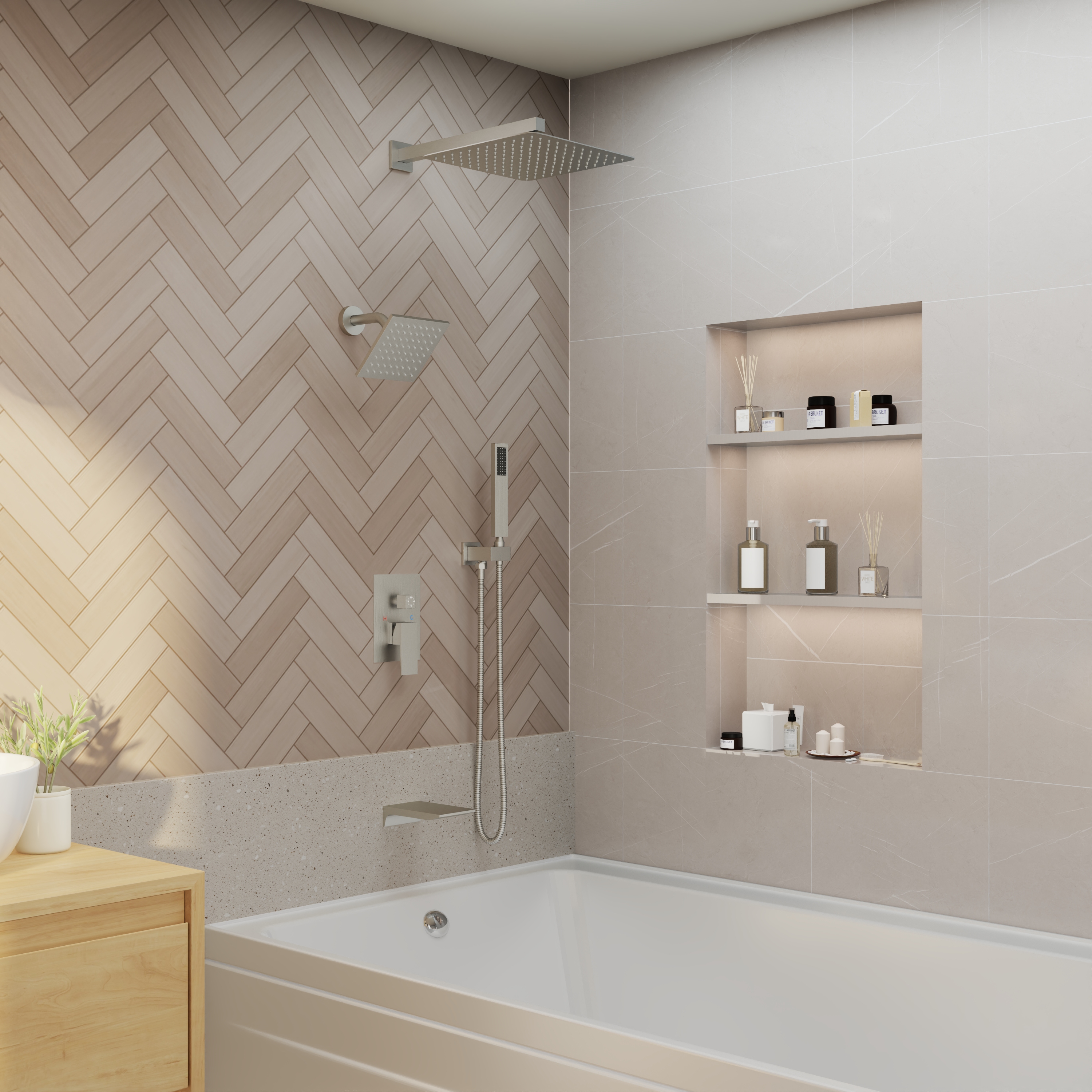 12" 4-Function Dual Shower Head System with Tub Spout