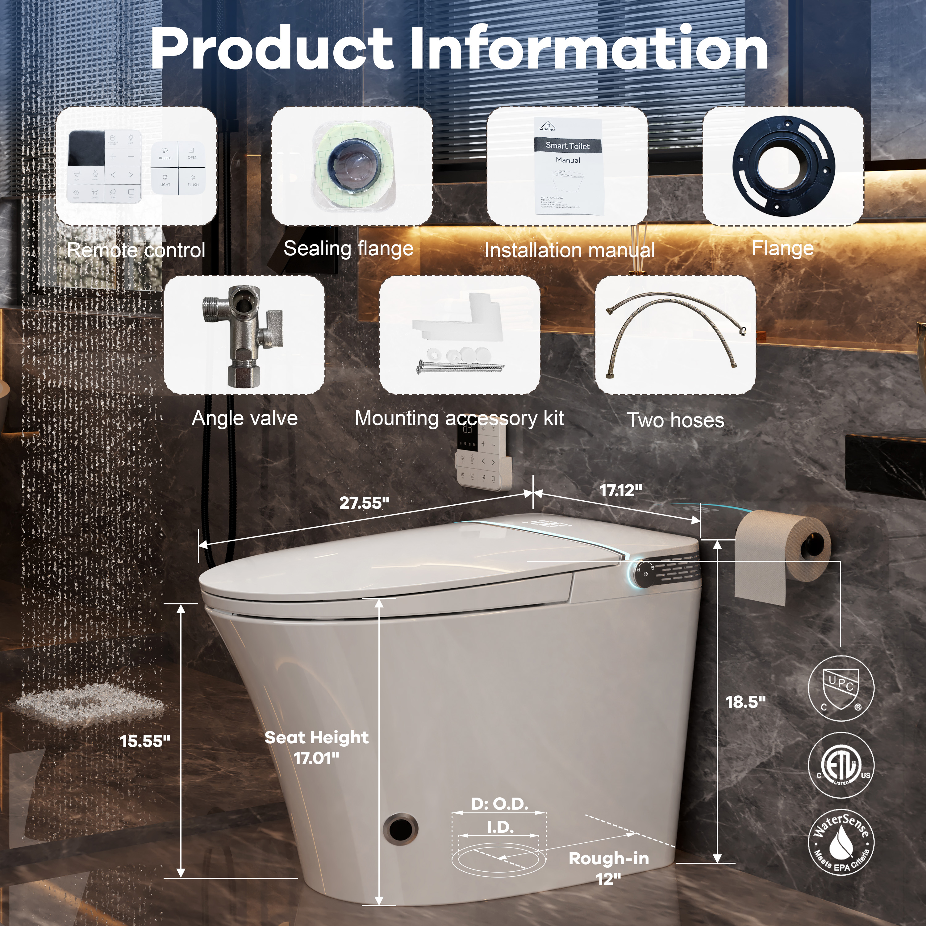 Mordern One-piece Elongated Smart Bidet Toilet with Digital Display, Auto Lid, Heated Seat & Dual Flush