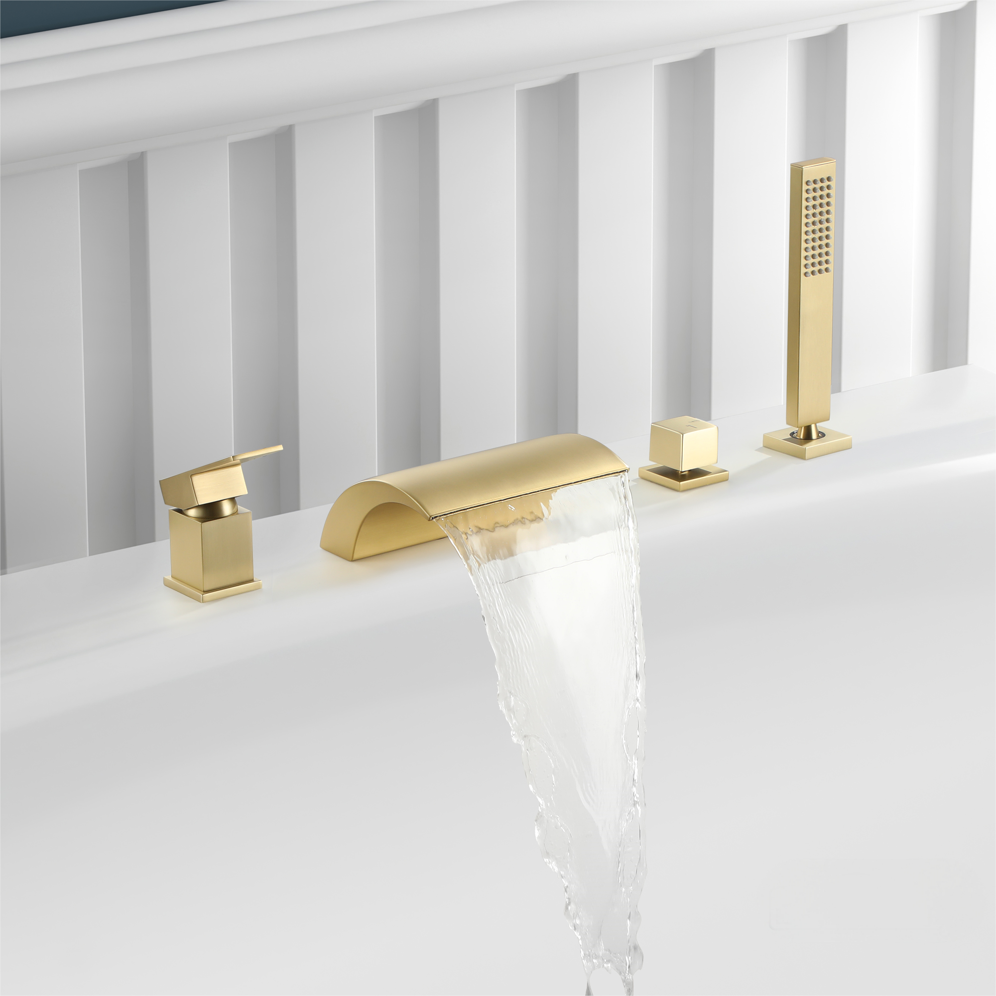 Deck-Mounted Roman Tub Faucet with Hand Shower in Matte Black/Brushed Gold