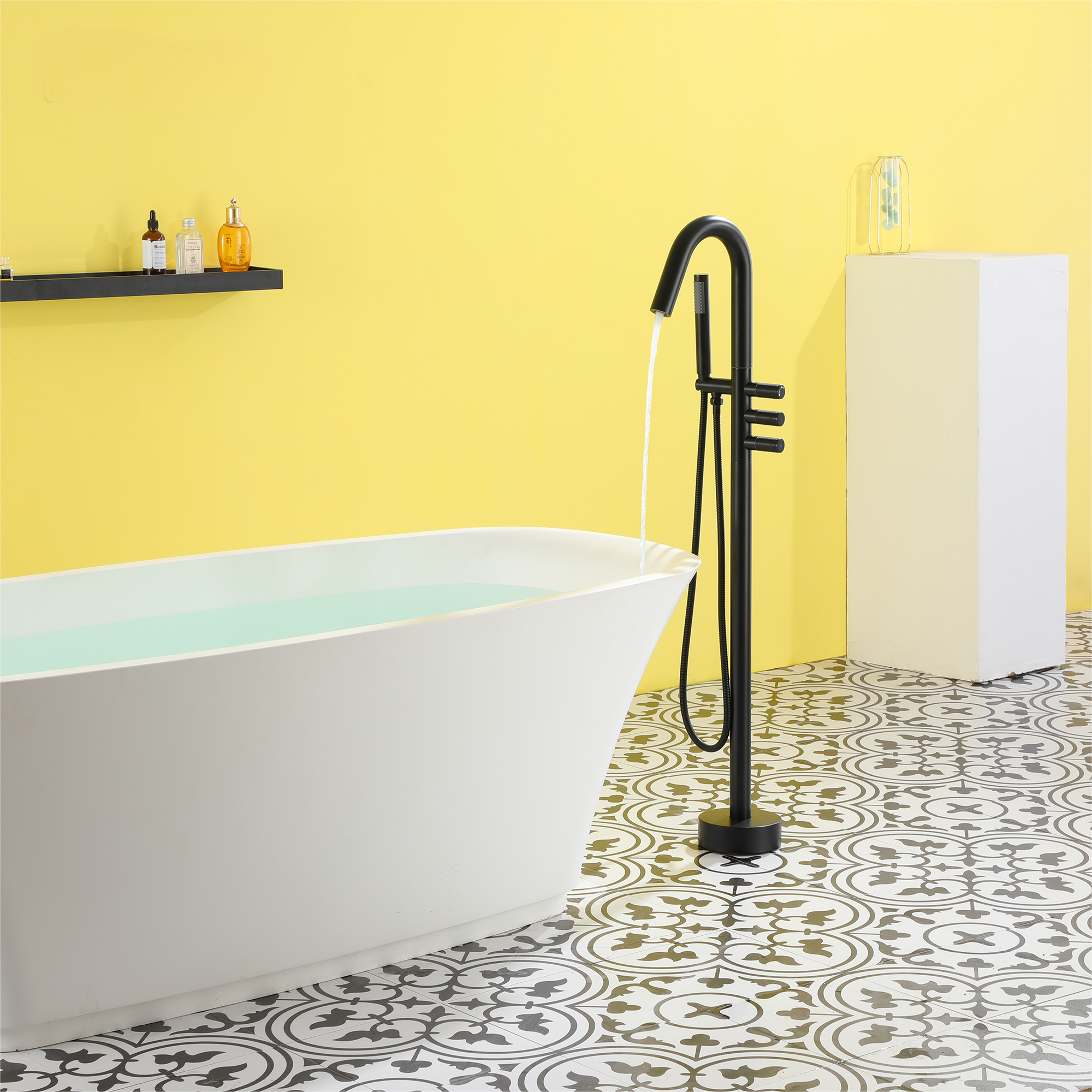 Freestanding Floor Mount Tub Filler Faucet with Handheld Shower in Solid Brass Construction