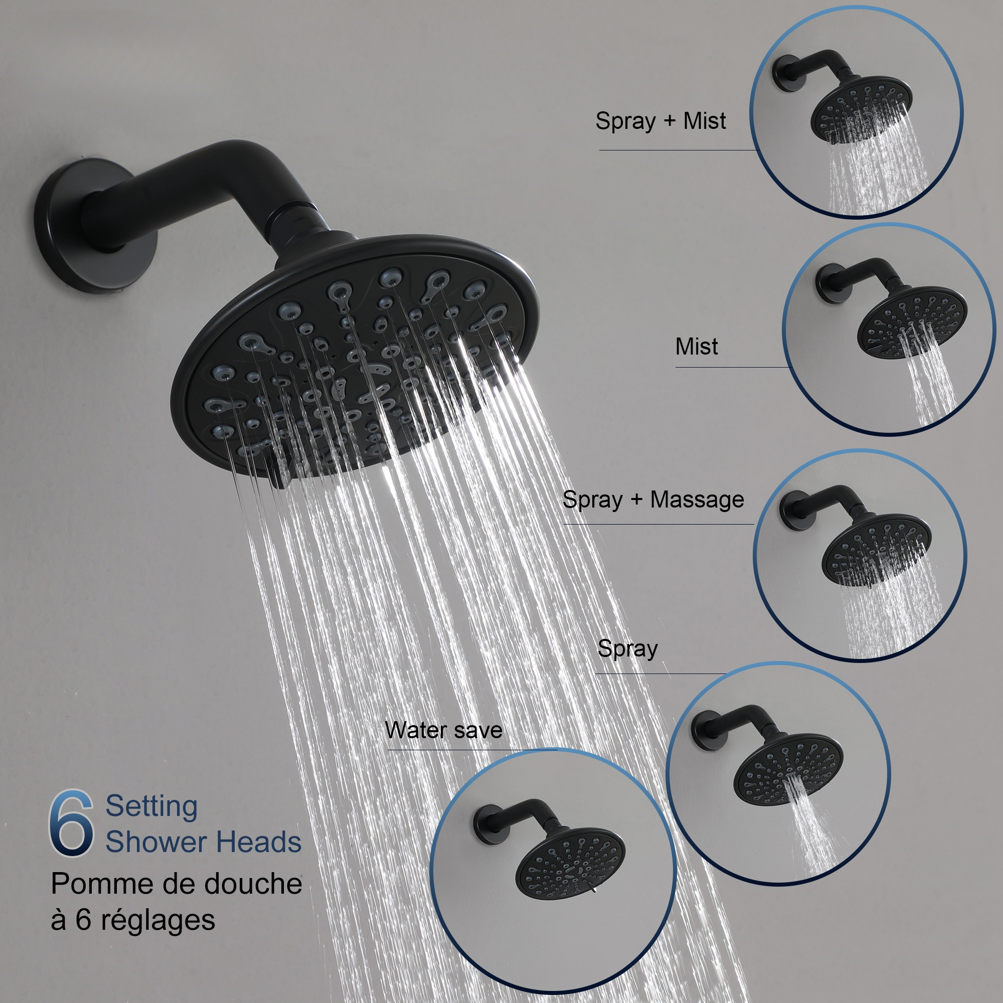 6" Wall Mounted Matte Black Shower Faucet with 6 Spray Patterns