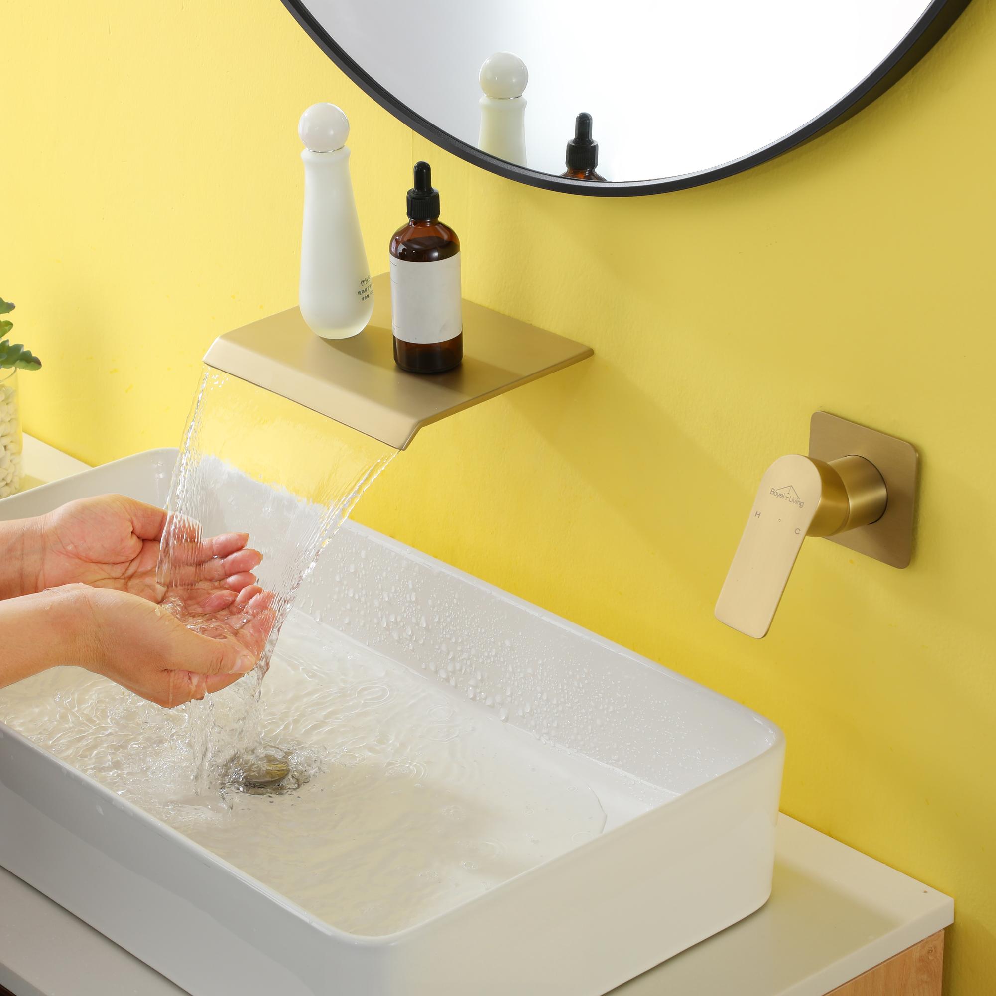 Wall Mounted Waterfall Bathroom Sink Faucet in Matte Black & Brushed Gold