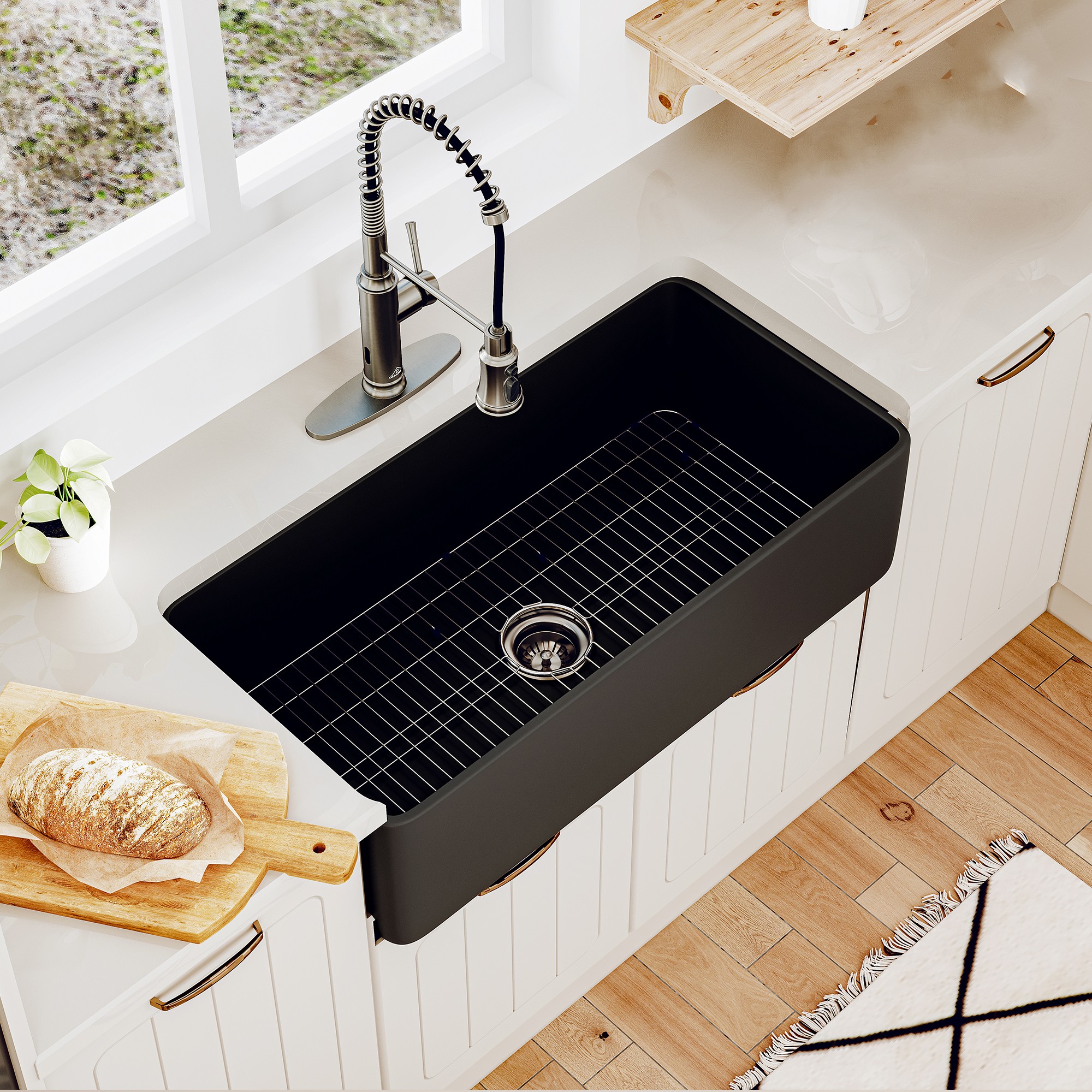 CASAINC Fireclay 36 in. Single Bowl Farmhouse Apron Kitchen Sink with Bottom Grid and Strainers With cUPC Certified, in Glossy White/Matte Black/Matte Gray