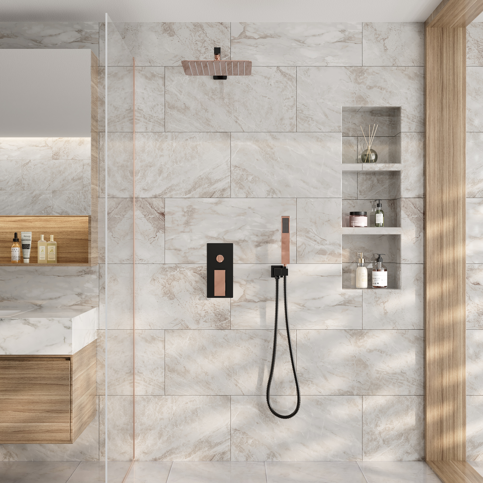 10” Rose Gold and Black Wall-Mounted Shower System with Handheld Shower