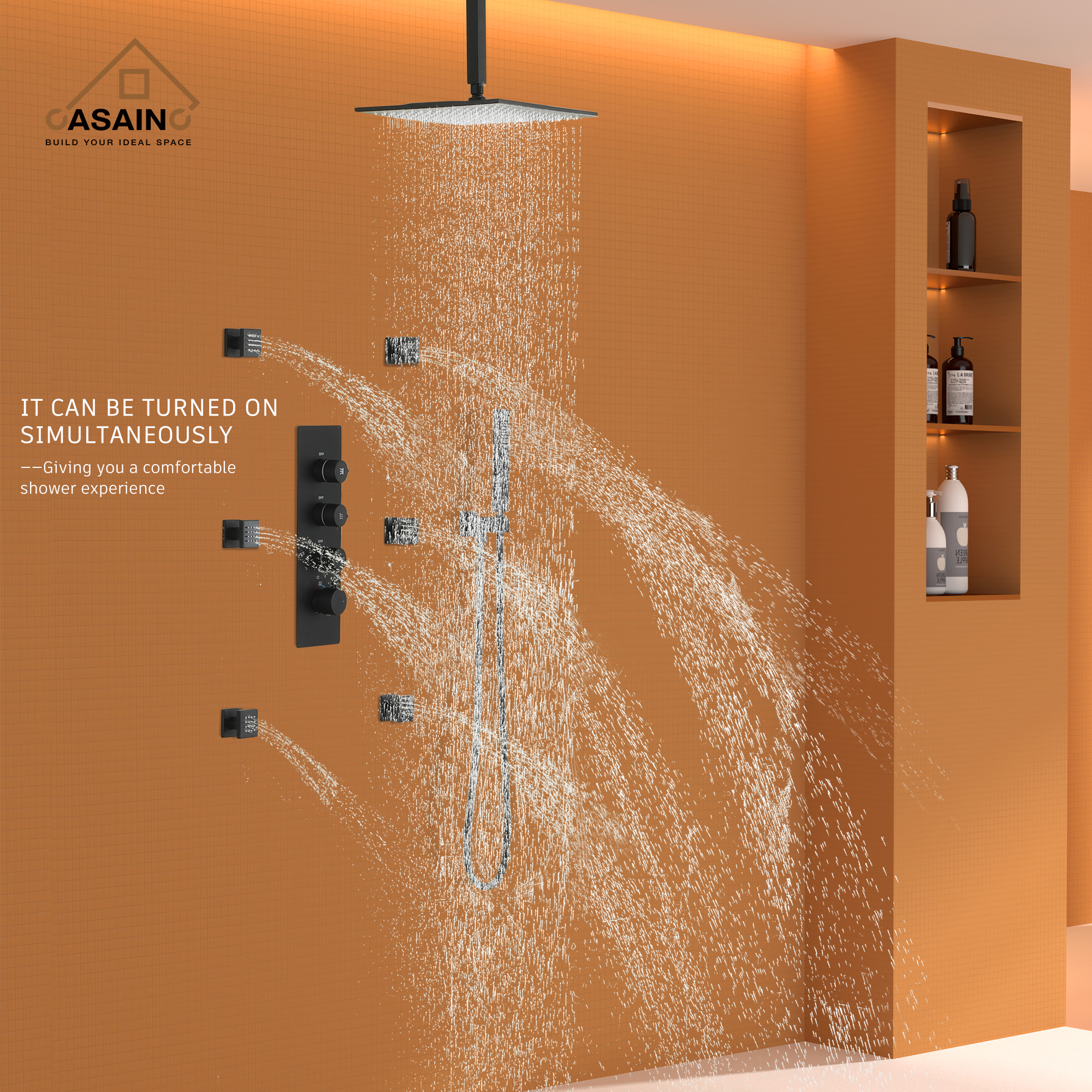 12" Ceiling-Mounted Rainfall Shower System with Handheld & Body Jets