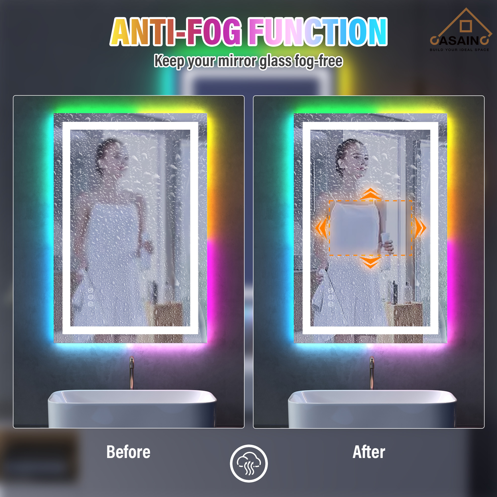 Tempered RGB LED Bathroom Mirror with Smart Controls & Anti-Fog