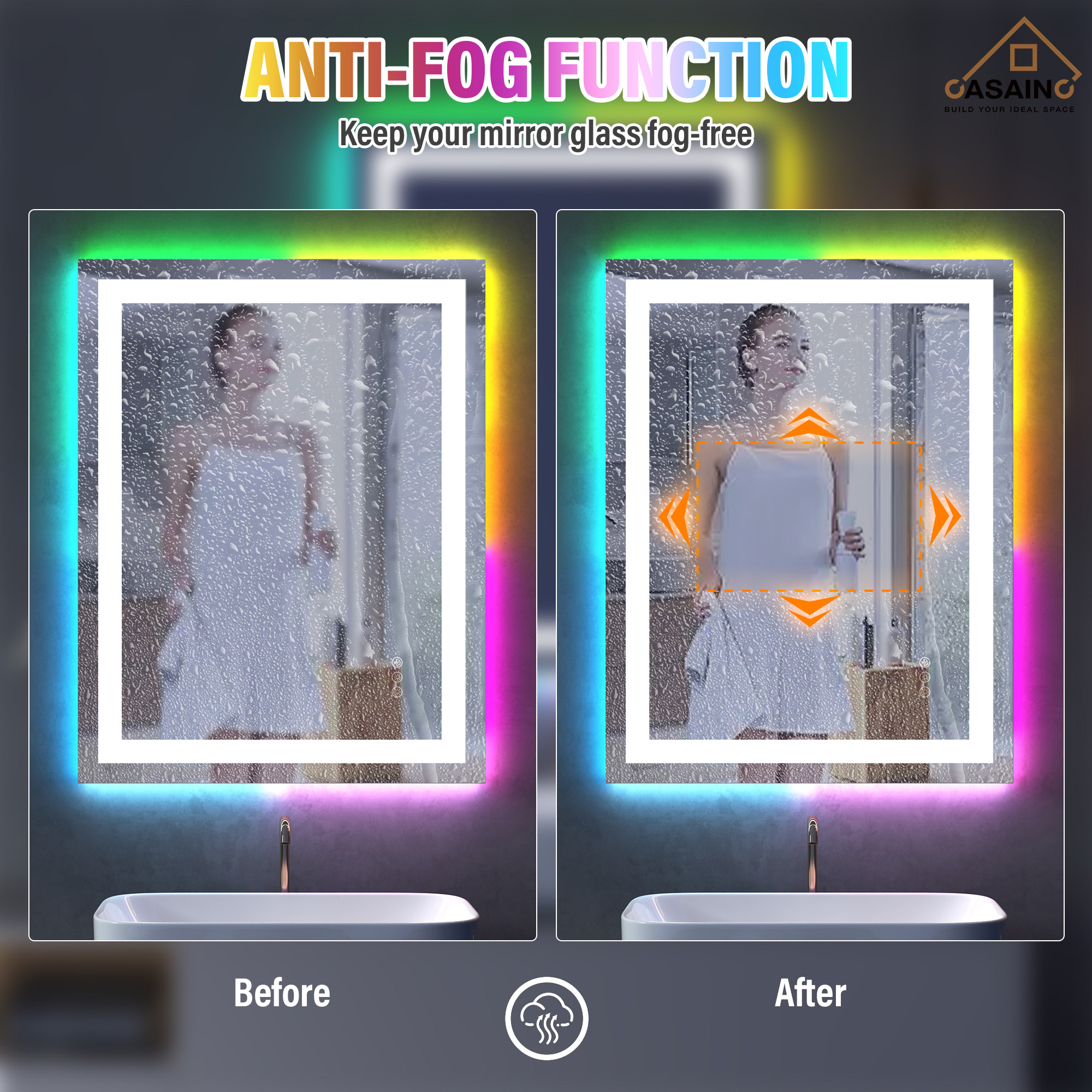 Tempered RGB LED Bathroom Mirror with Smart Controls & Anti-Fog