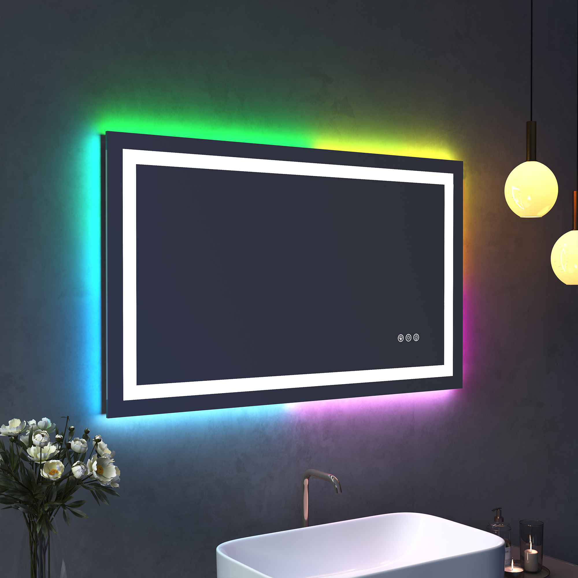 Tempered RGB LED Bathroom Mirror with Smart Controls & Anti-Fog