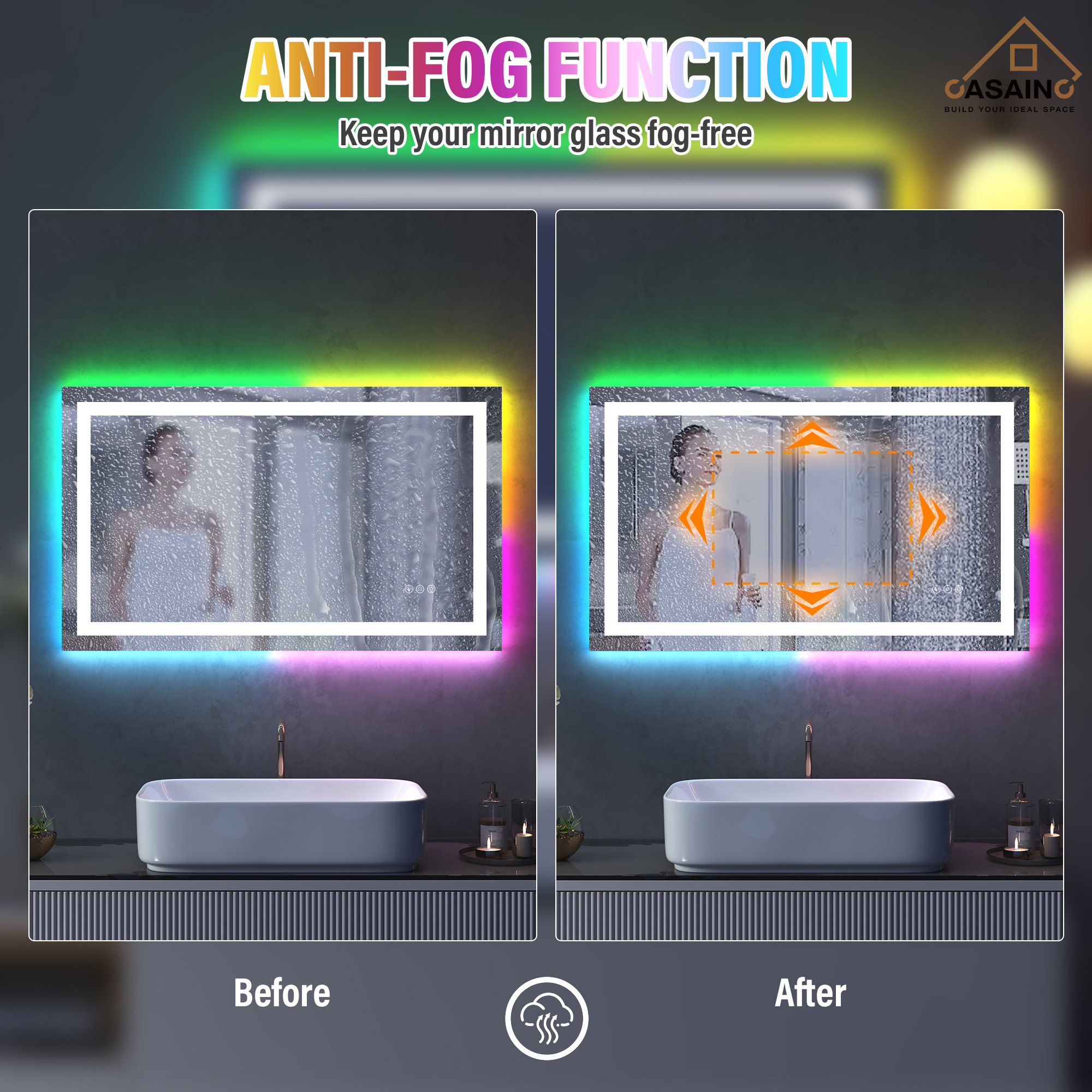 Tempered RGB LED Bathroom Mirror with Smart Controls & Anti-Fog