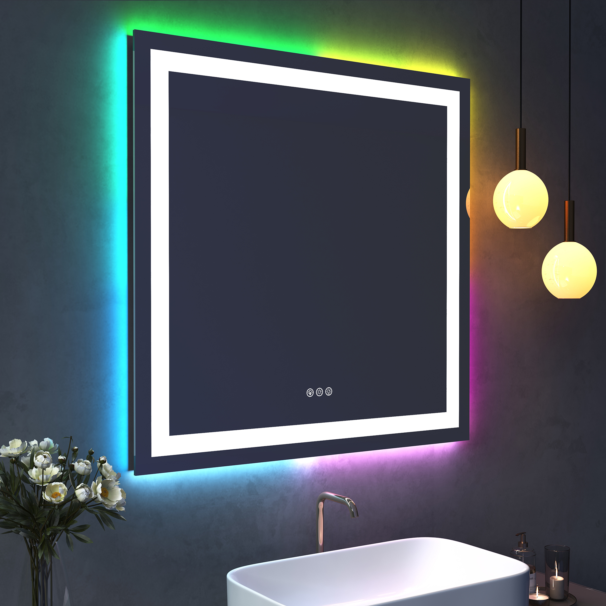 Tempered RGB LED Bathroom Mirror with Smart Controls & Anti-Fog