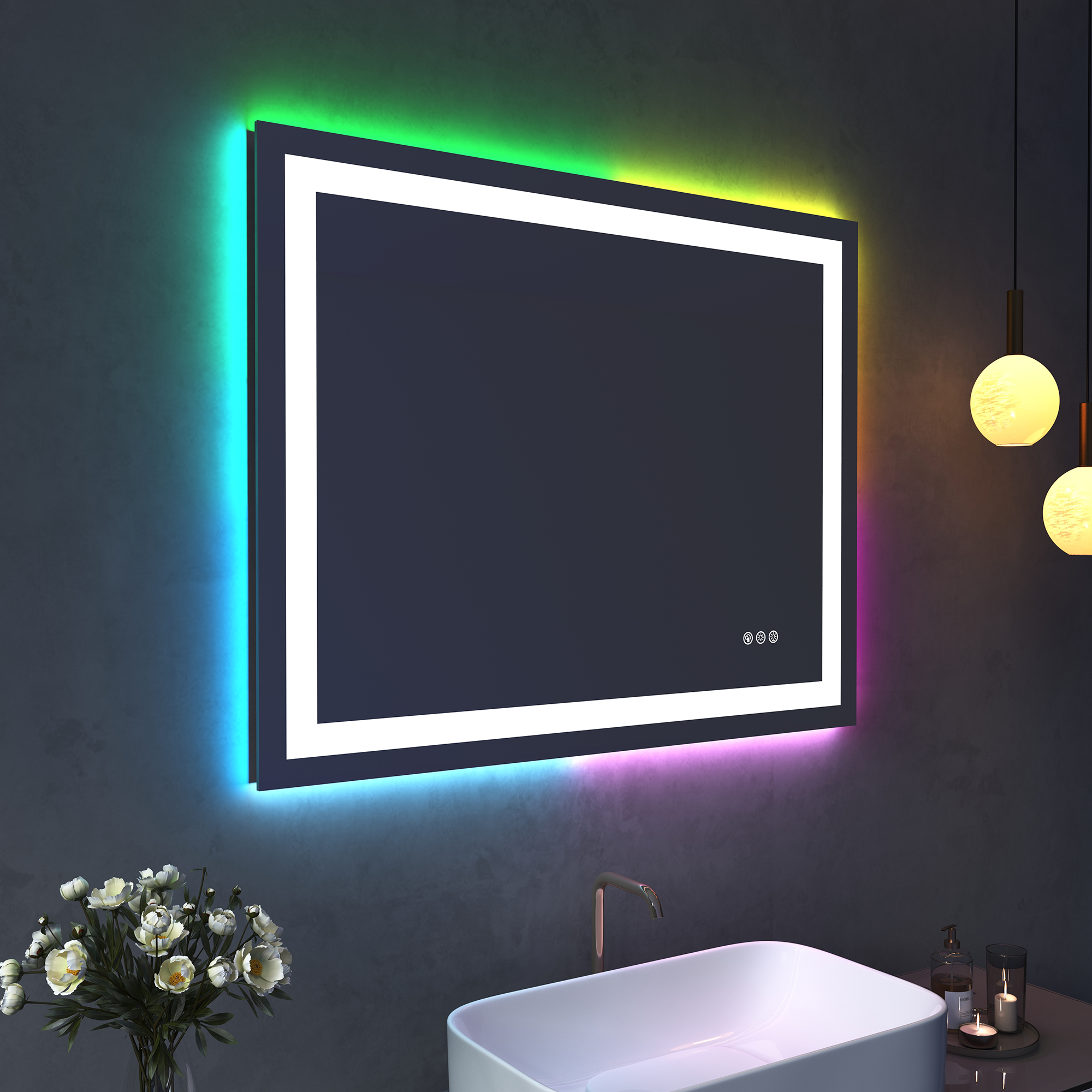 Tempered RGB LED Bathroom Mirror with Smart Controls & Anti-Fog