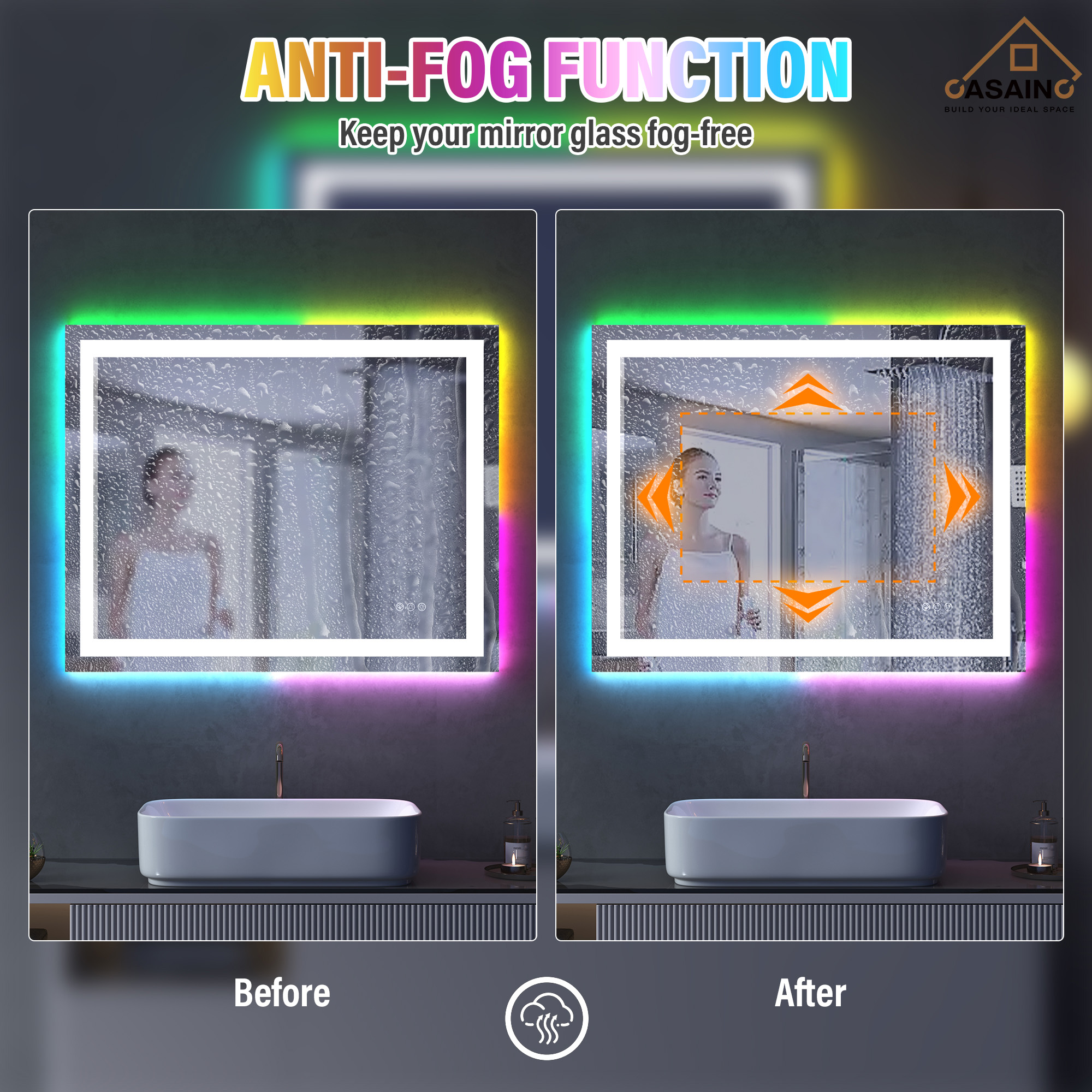 Tempered RGB LED Bathroom Mirror with Smart Controls & Anti-Fog