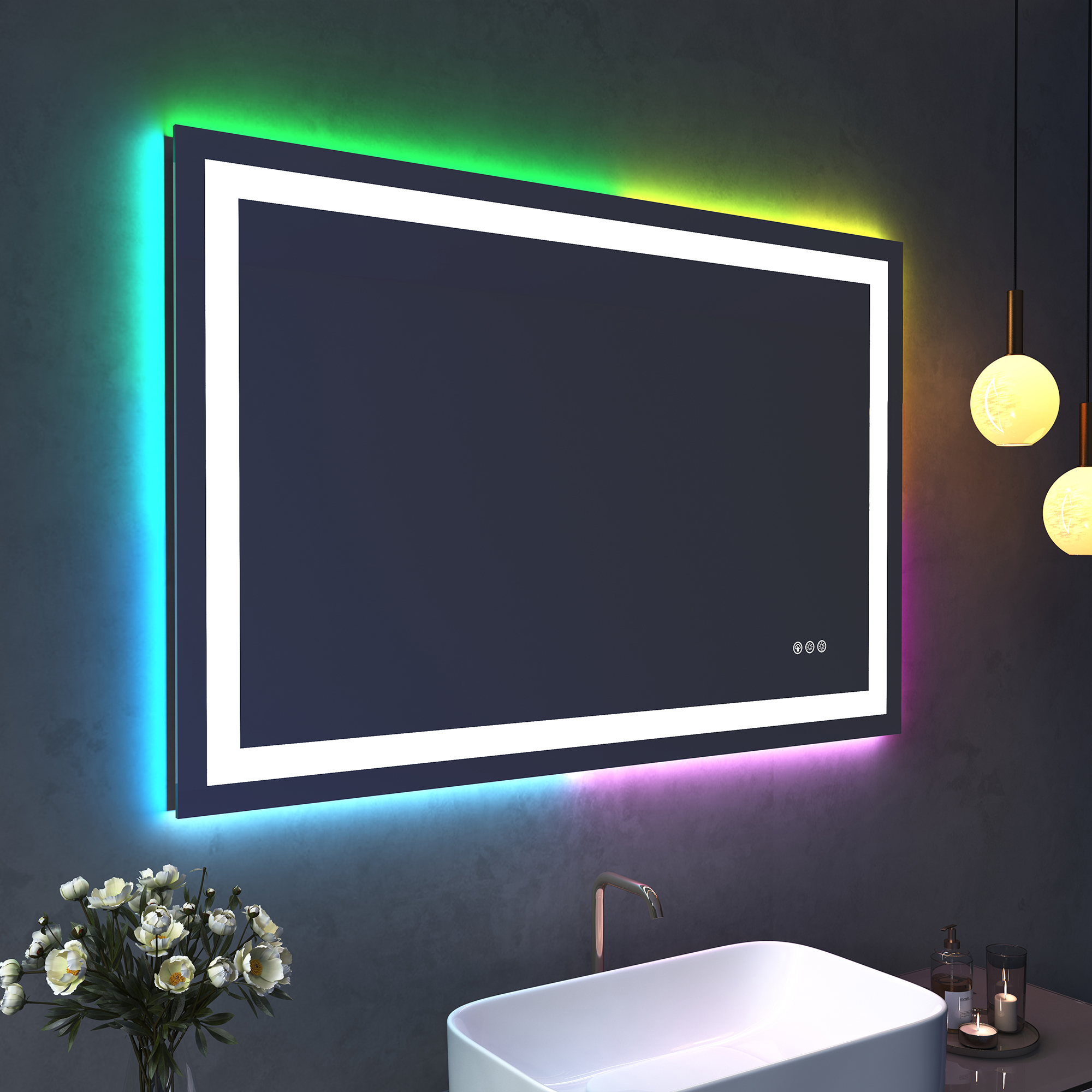Tempered RGB LED Bathroom Mirror with Smart Controls & Anti-Fog