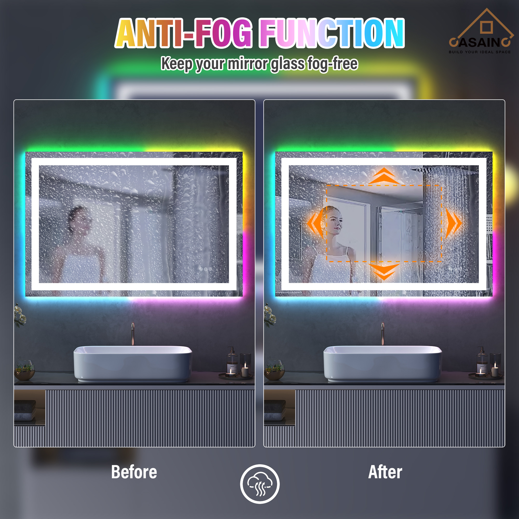 Tempered RGB LED Bathroom Mirror with Smart Controls & Anti-Fog