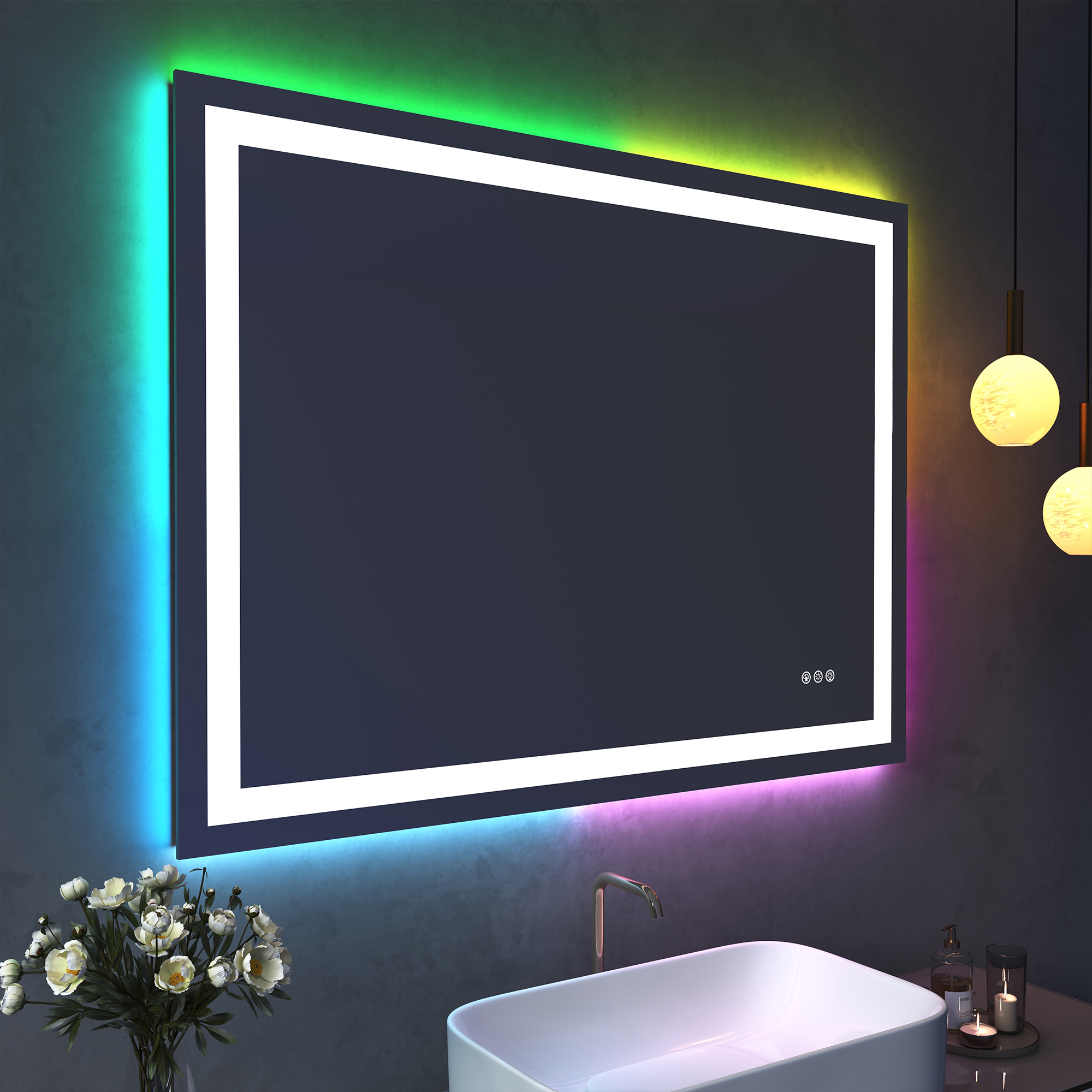 Tempered RGB LED Bathroom Mirror with Smart Controls & Anti-Fog