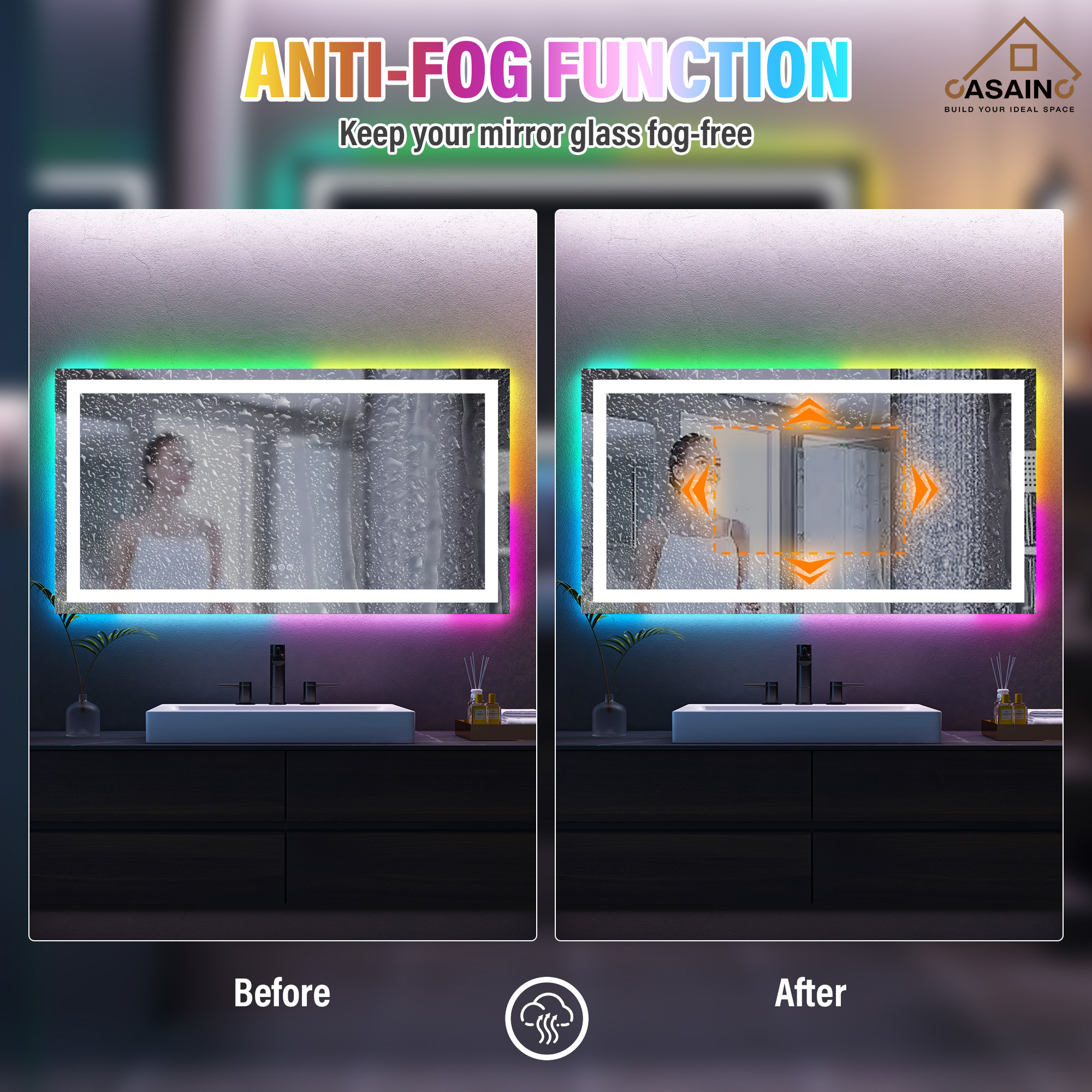 Tempered RGB LED Bathroom Mirror with Smart Controls & Anti-Fog