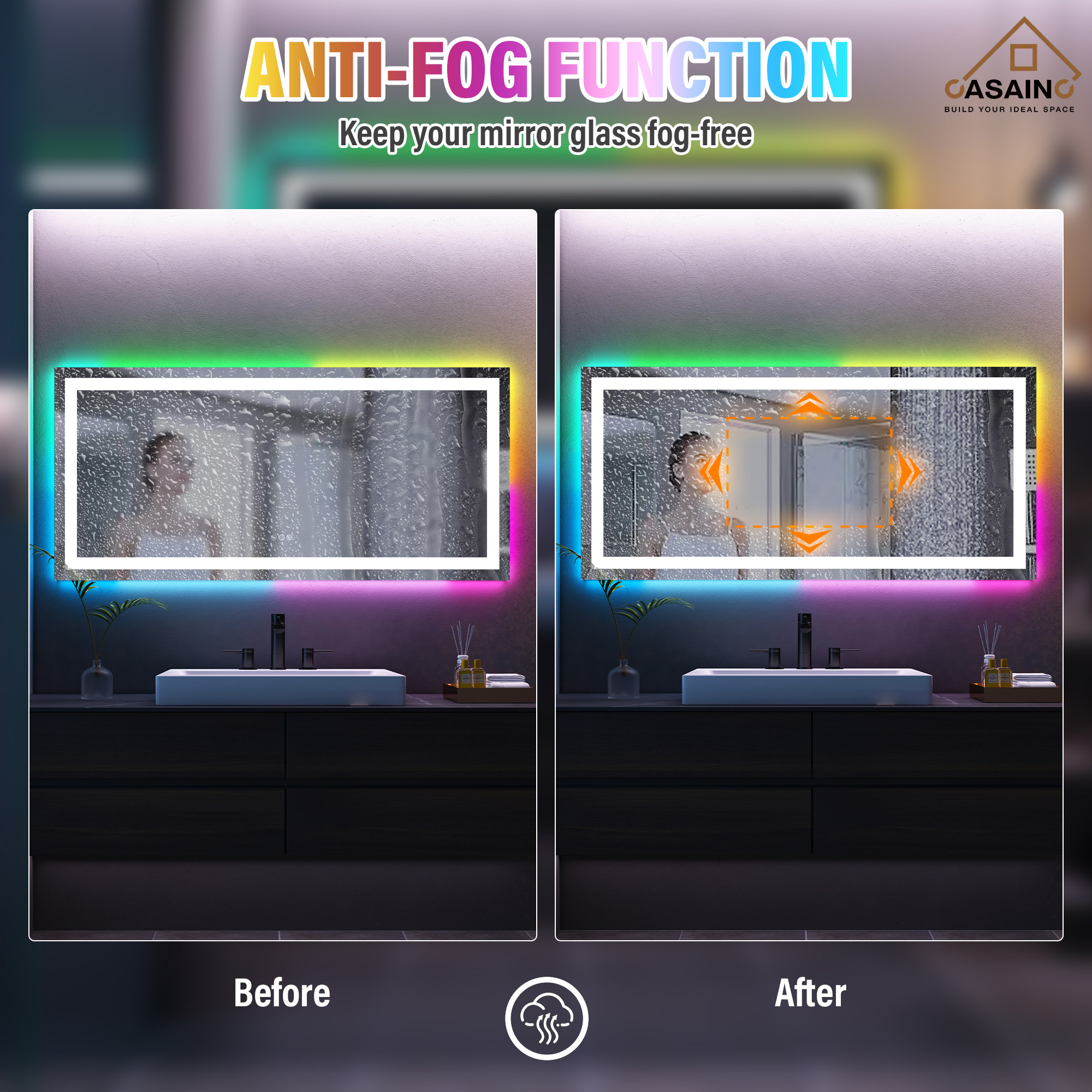 Tempered RGB LED Bathroom Mirror with Smart Controls & Anti-Fog