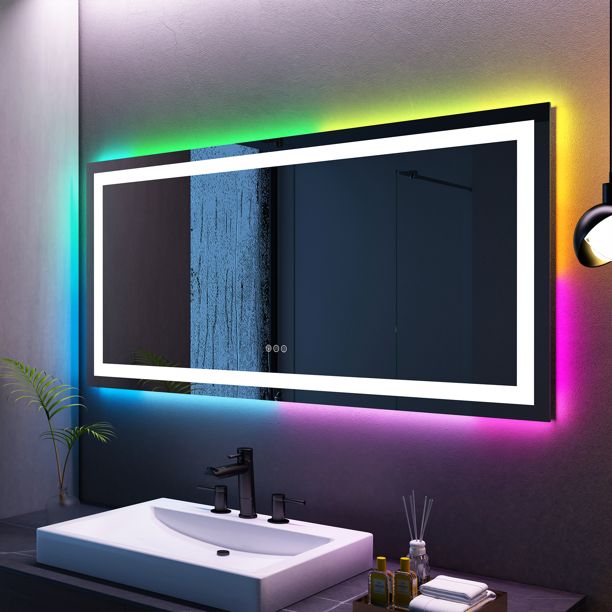Tempered RGB LED Bathroom Mirror with Smart Controls & Anti-Fog