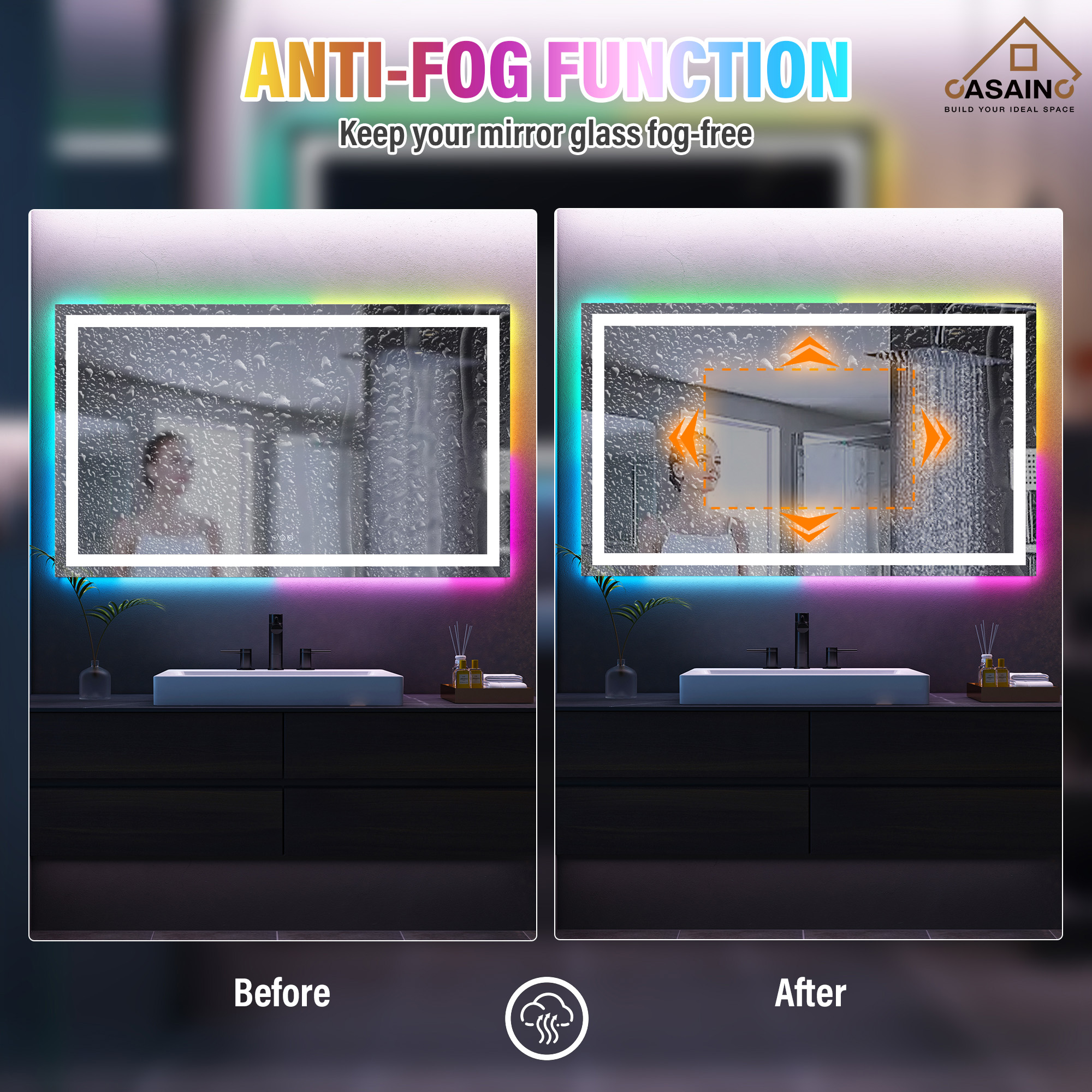 Tempered RGB LED Bathroom Mirror with Smart Controls & Anti-Fog