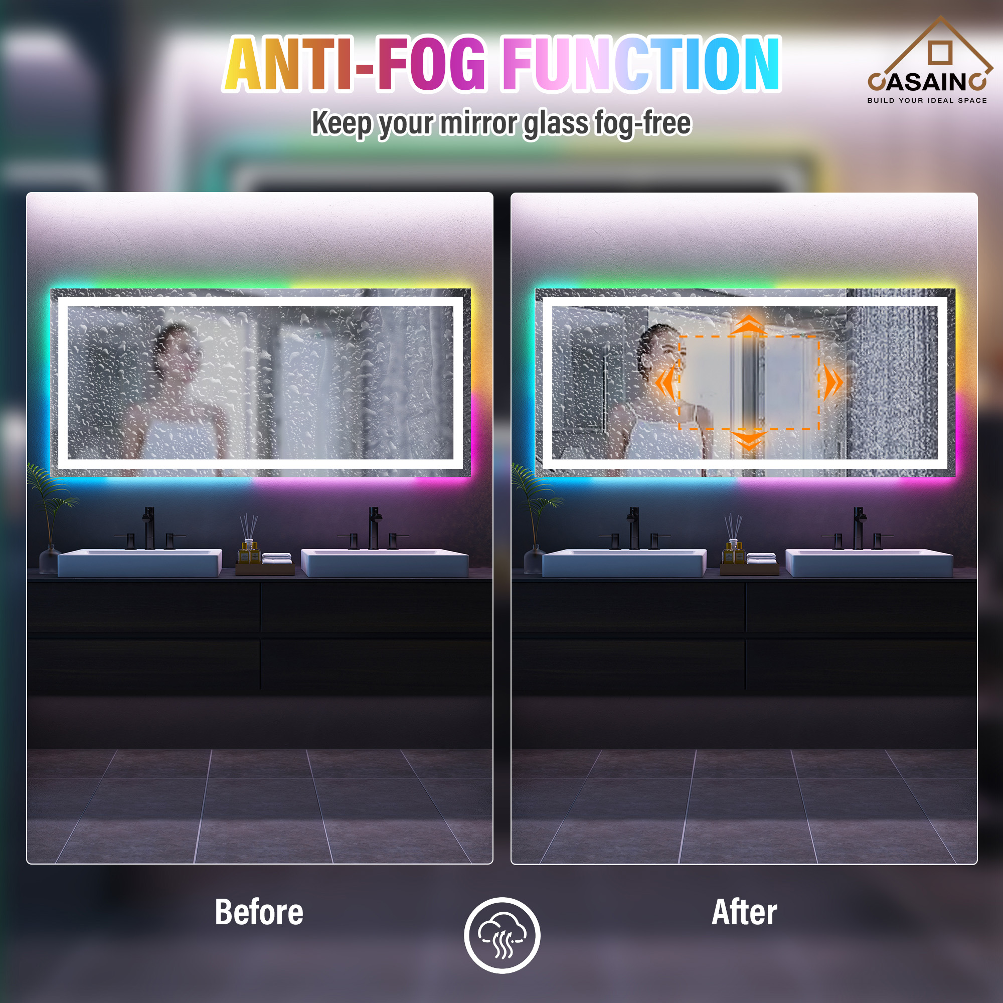 Tempered RGB LED Bathroom Mirror with Smart Controls & Anti-Fog