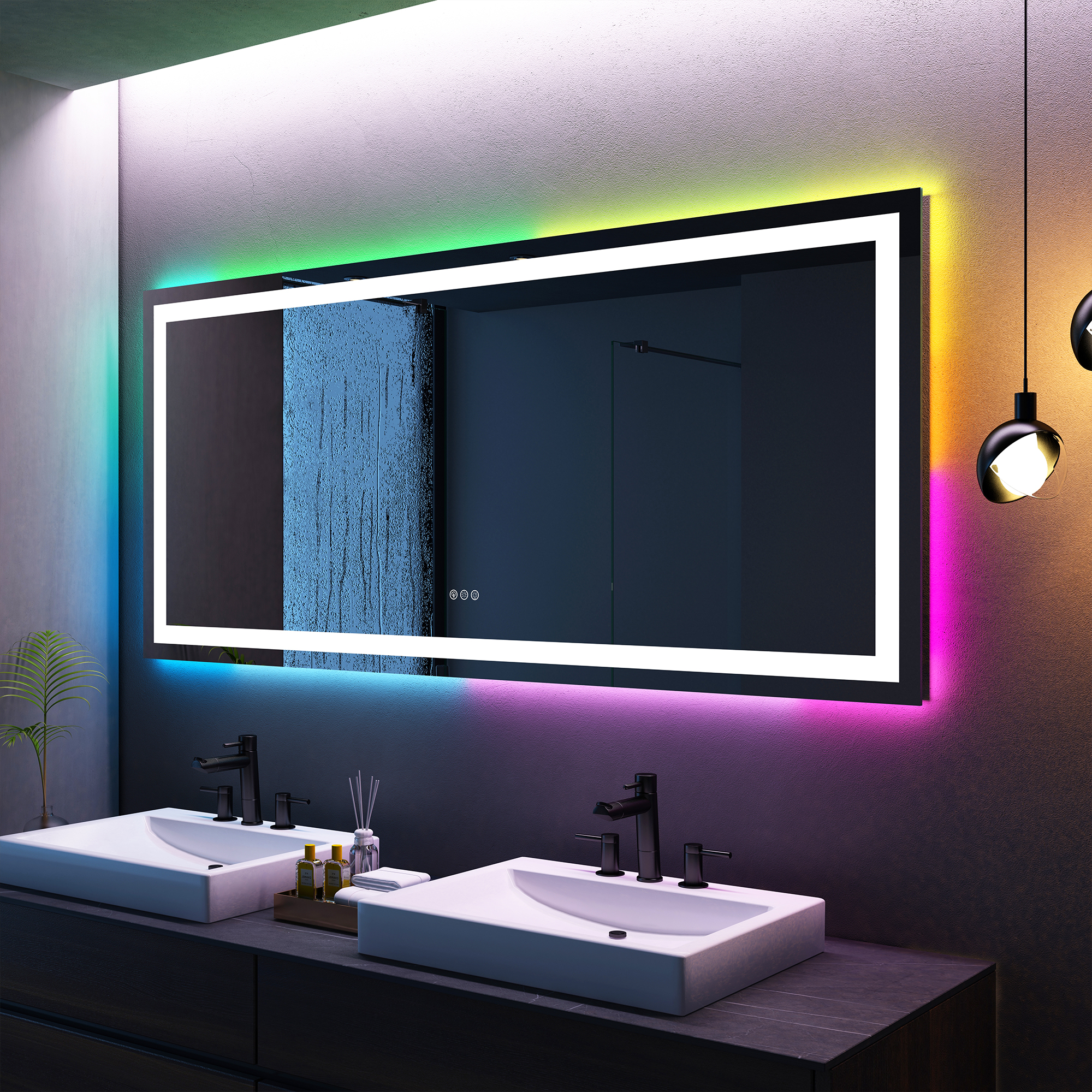 Tempered RGB LED Bathroom Mirror with Smart Controls & Anti-Fog