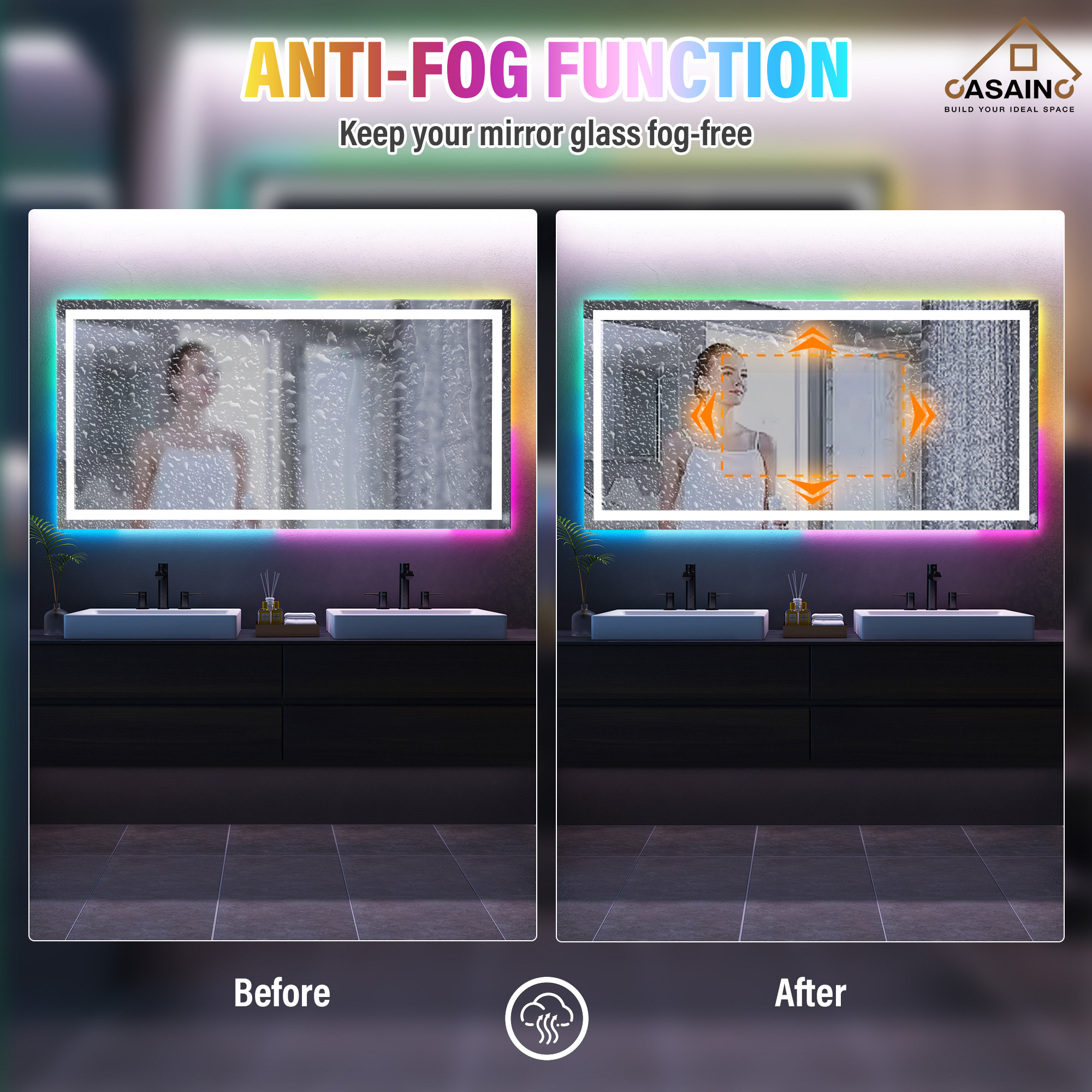 Tempered RGB LED Bathroom Mirror with Smart Controls & Anti-Fog