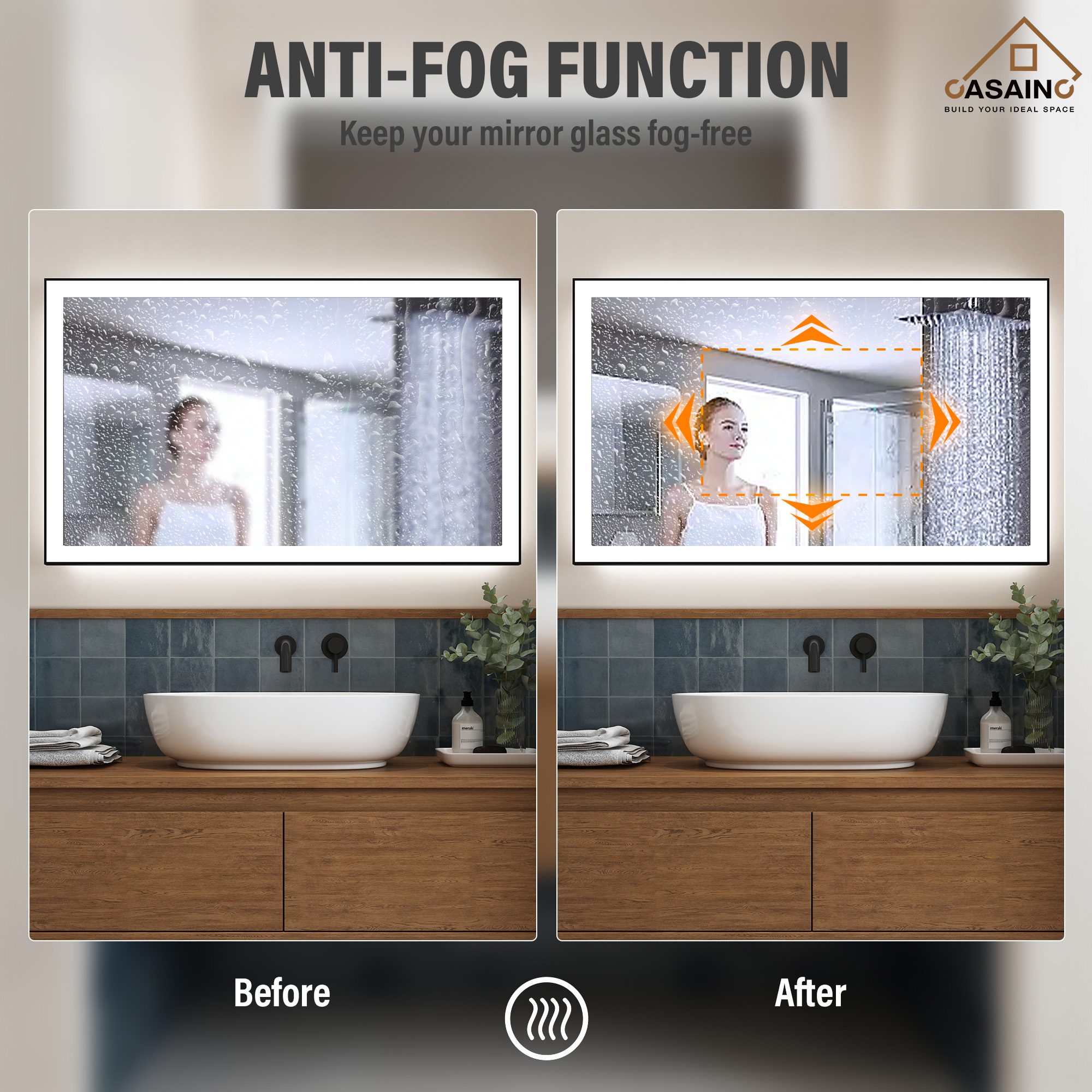 Tempered Glass LED Mirror with Aluminum Frame for Bathroom Vanity