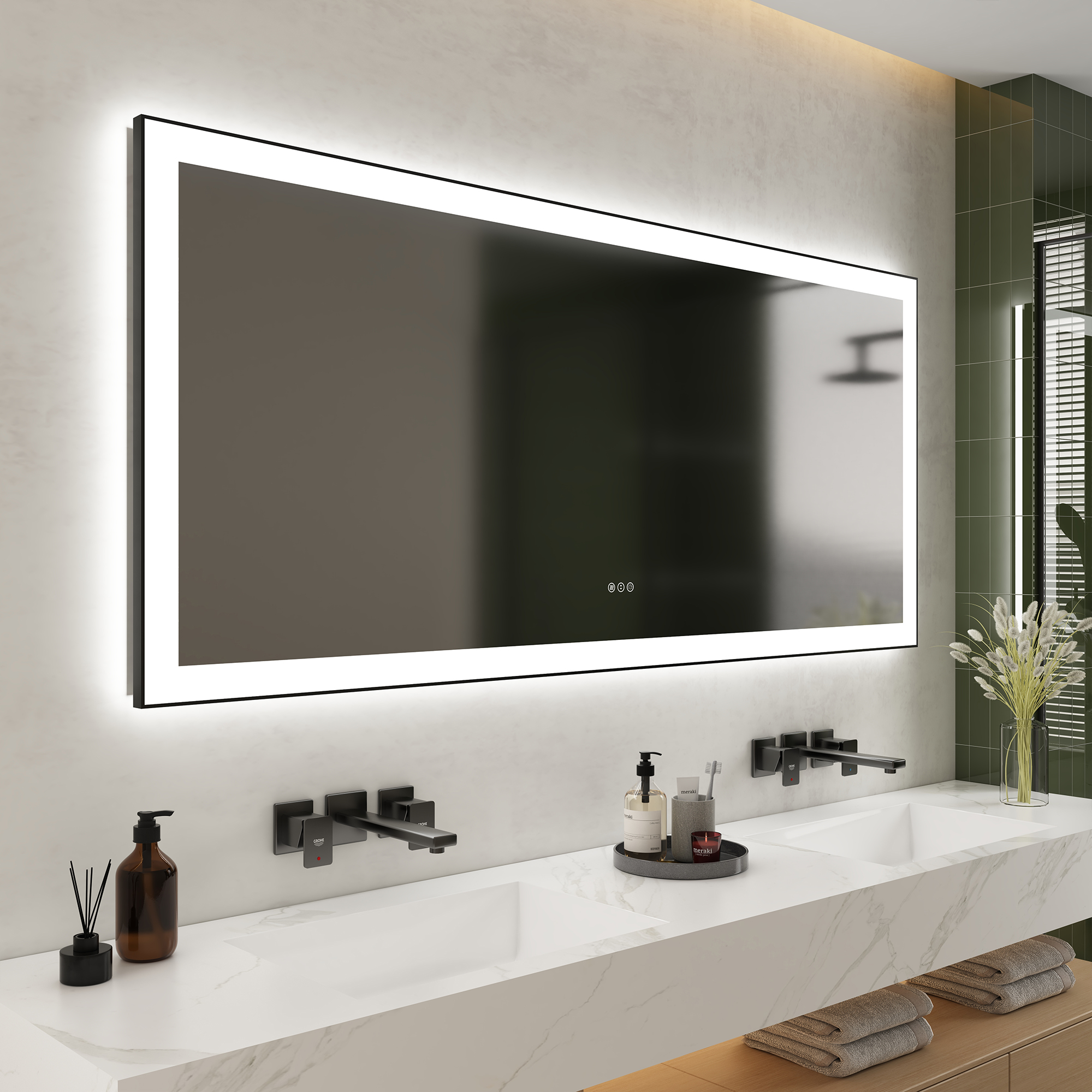 Tempered Glass LED Mirror with Aluminum Frame for Bathroom Vanity
