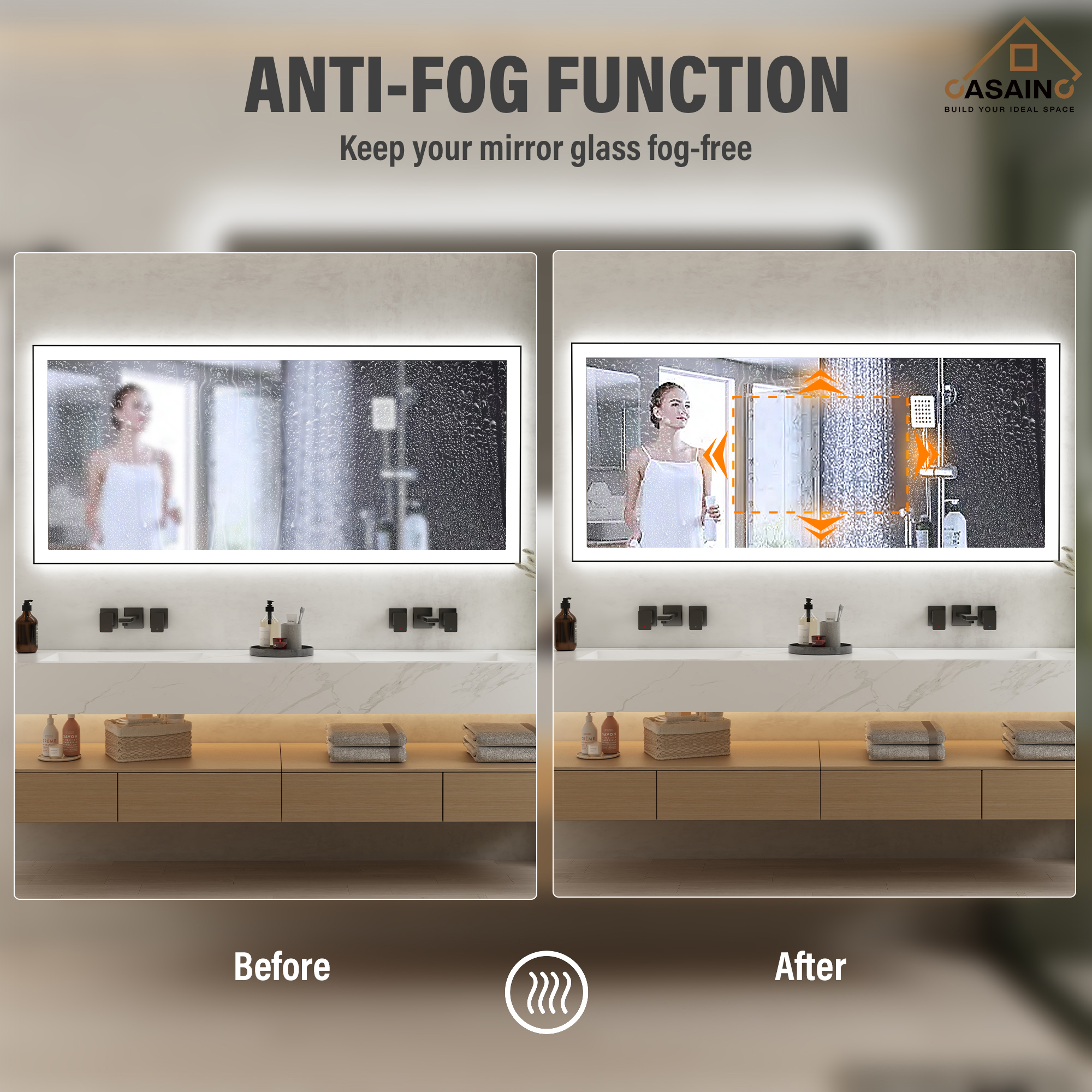 Tempered Glass LED Mirror with Aluminum Frame for Bathroom Vanity