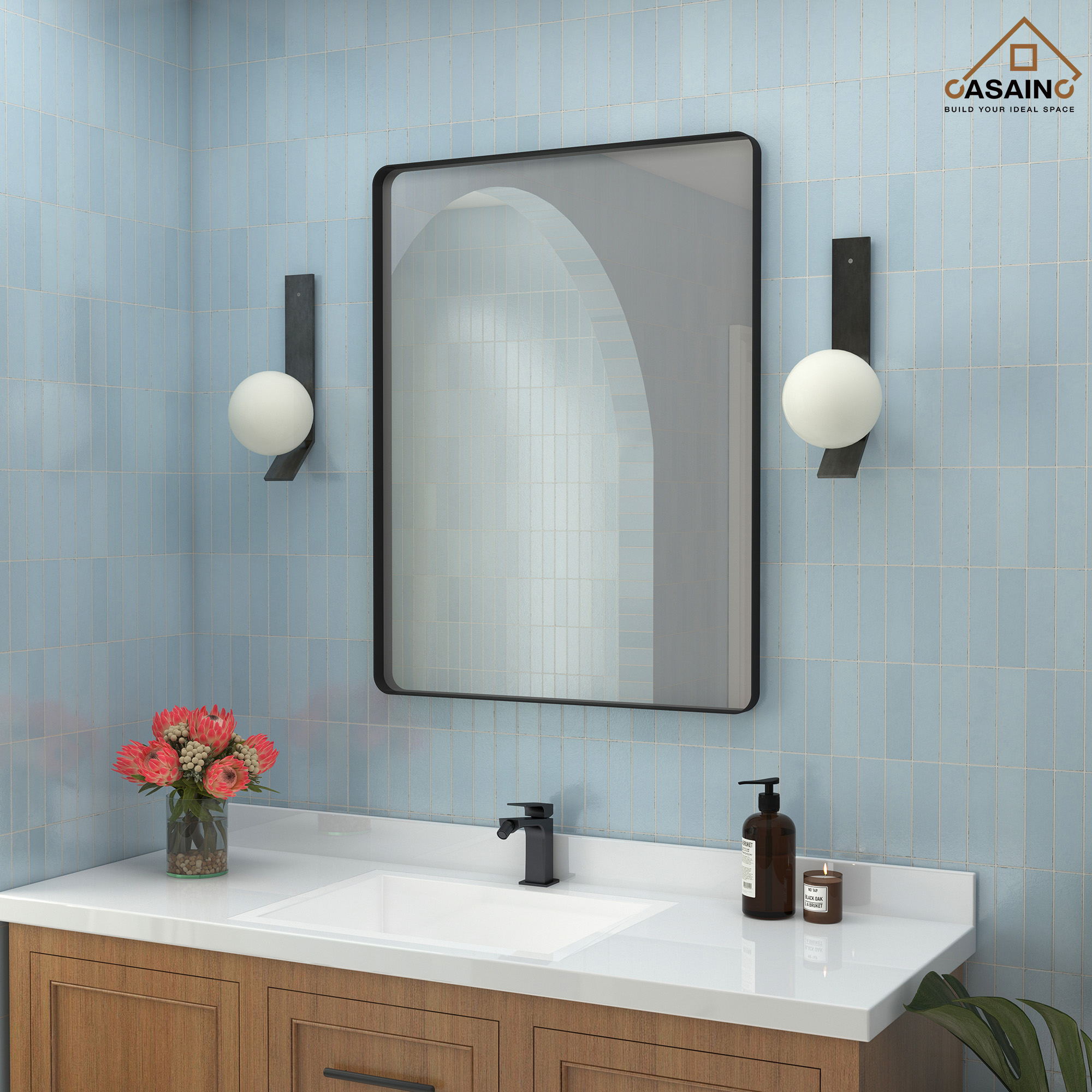 Wall-Mounted Vanity Mirror with Matte Black Metal Frame