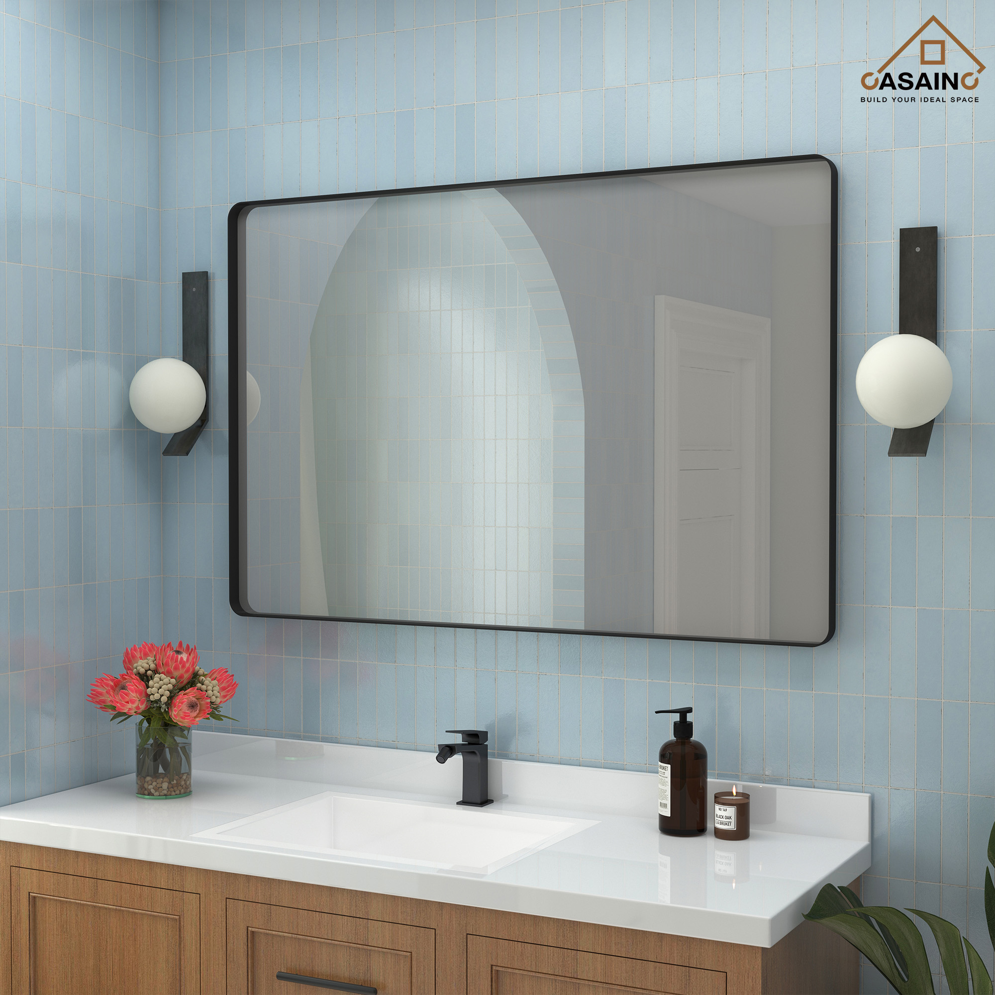 Wall-Mounted Vanity Mirror with Matte Black Metal Frame