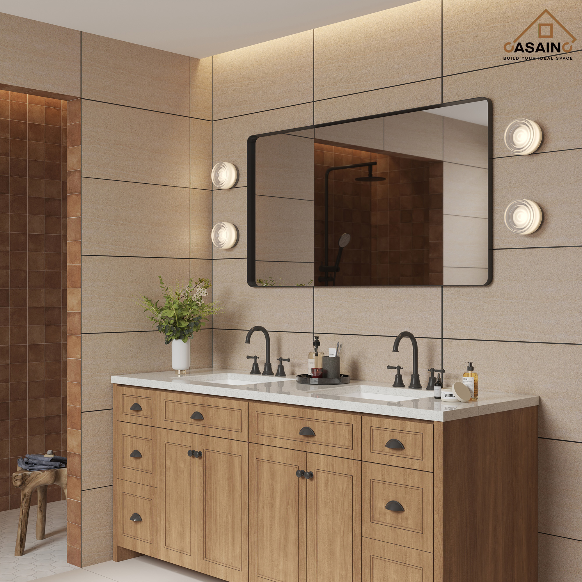 Wall-Mounted Vanity Mirror with Matte Black Metal Frame