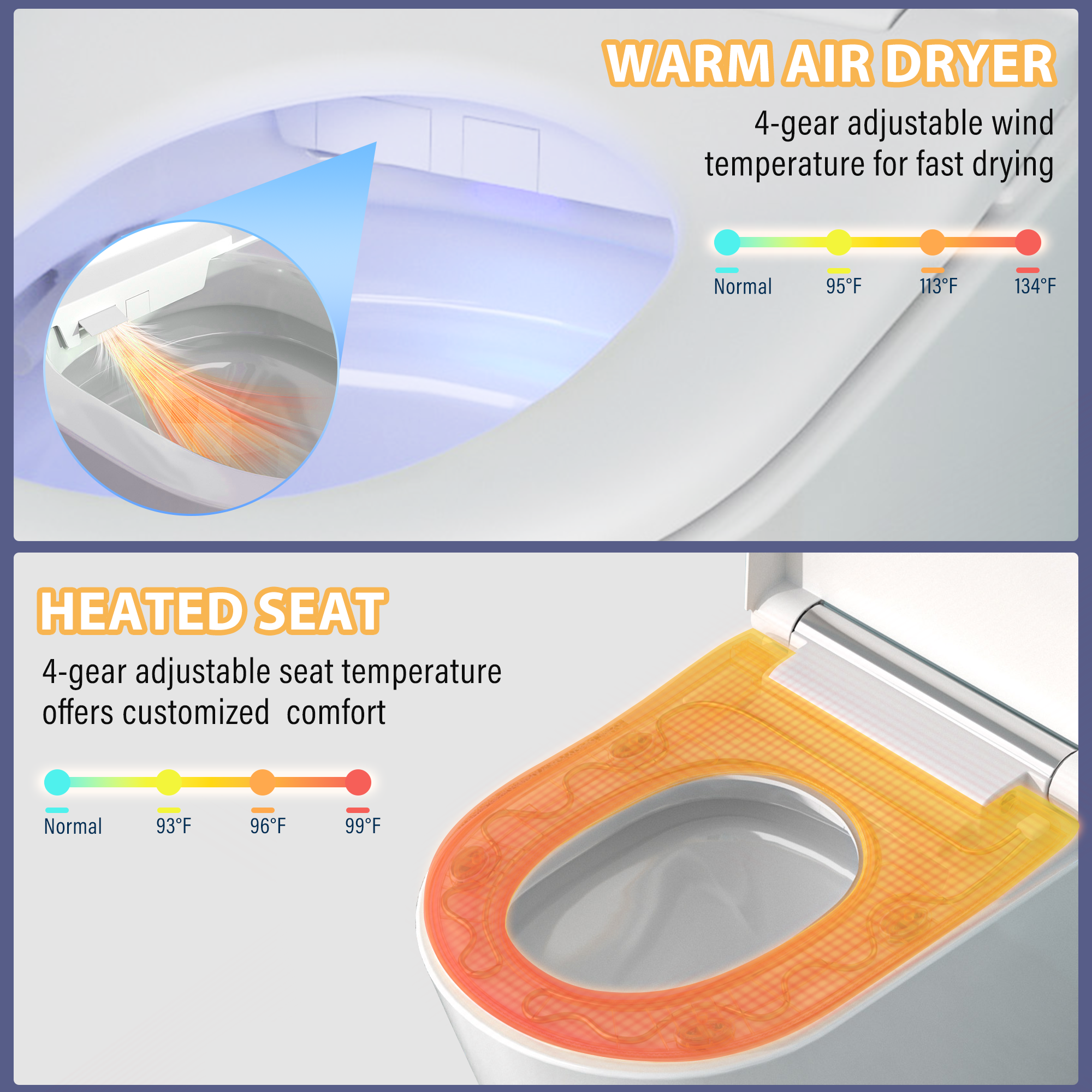 Elongated Heated Seat Smart Toilet with Built-In Bidet and Multicolor LED Backlight