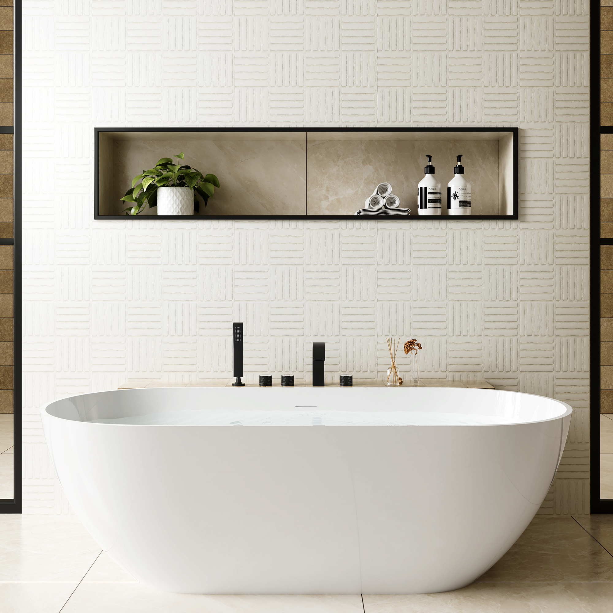 C-Shaped Curved Design 3-Handle Roman Bathtub Faucet with Hand Shower