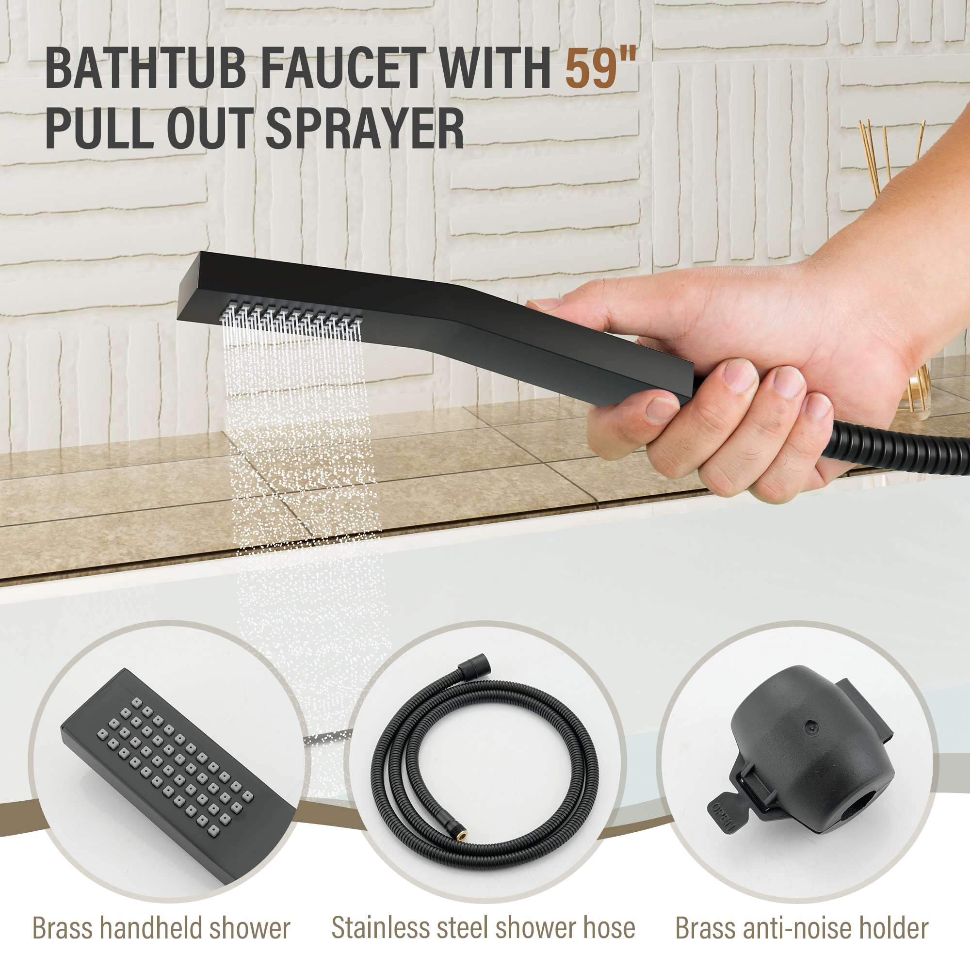 C-Shaped Curved Design 3-Handle Roman Bathtub Faucet with Hand Shower