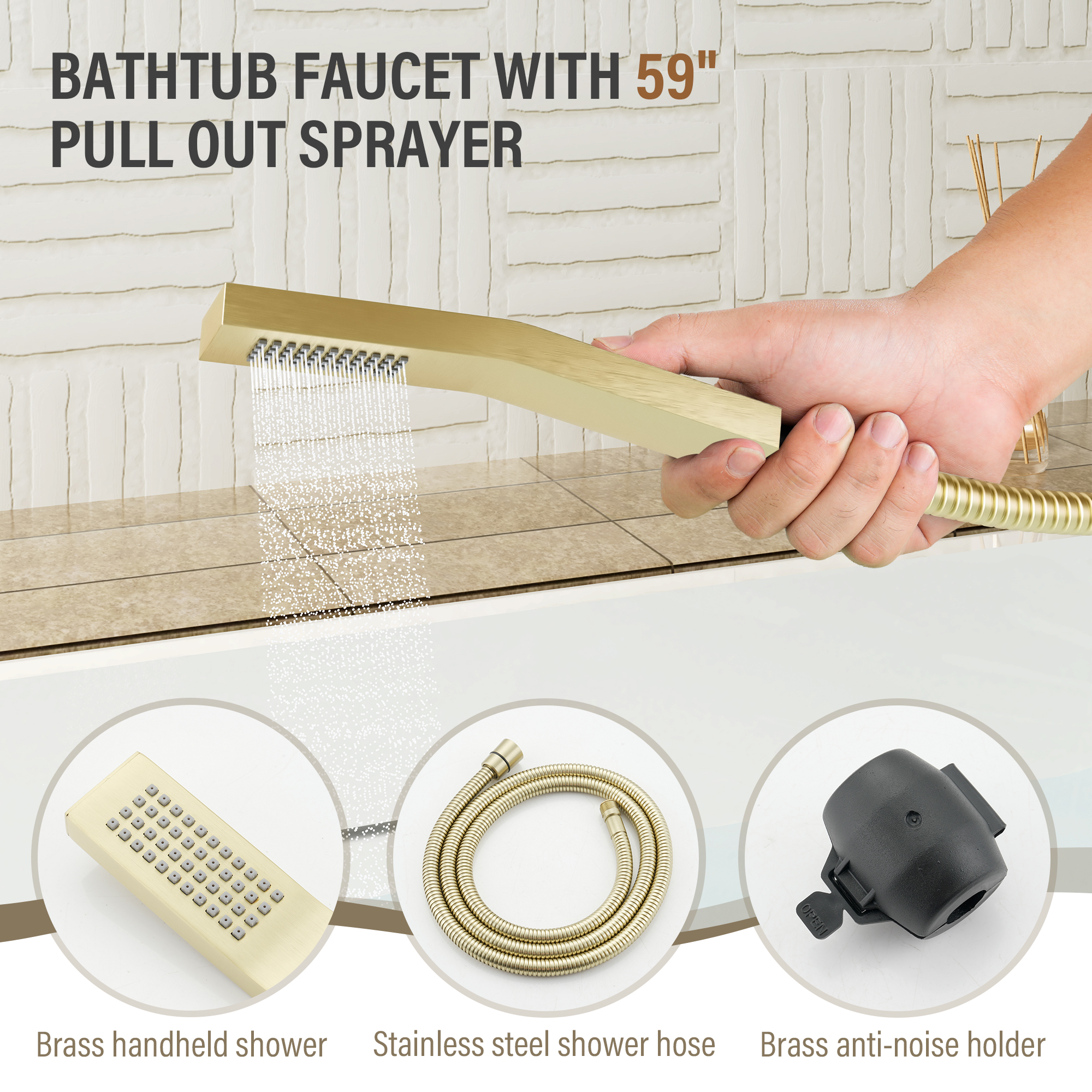 C-Shaped Curved Design 3-Handle Roman Bathtub Faucet with Hand Shower