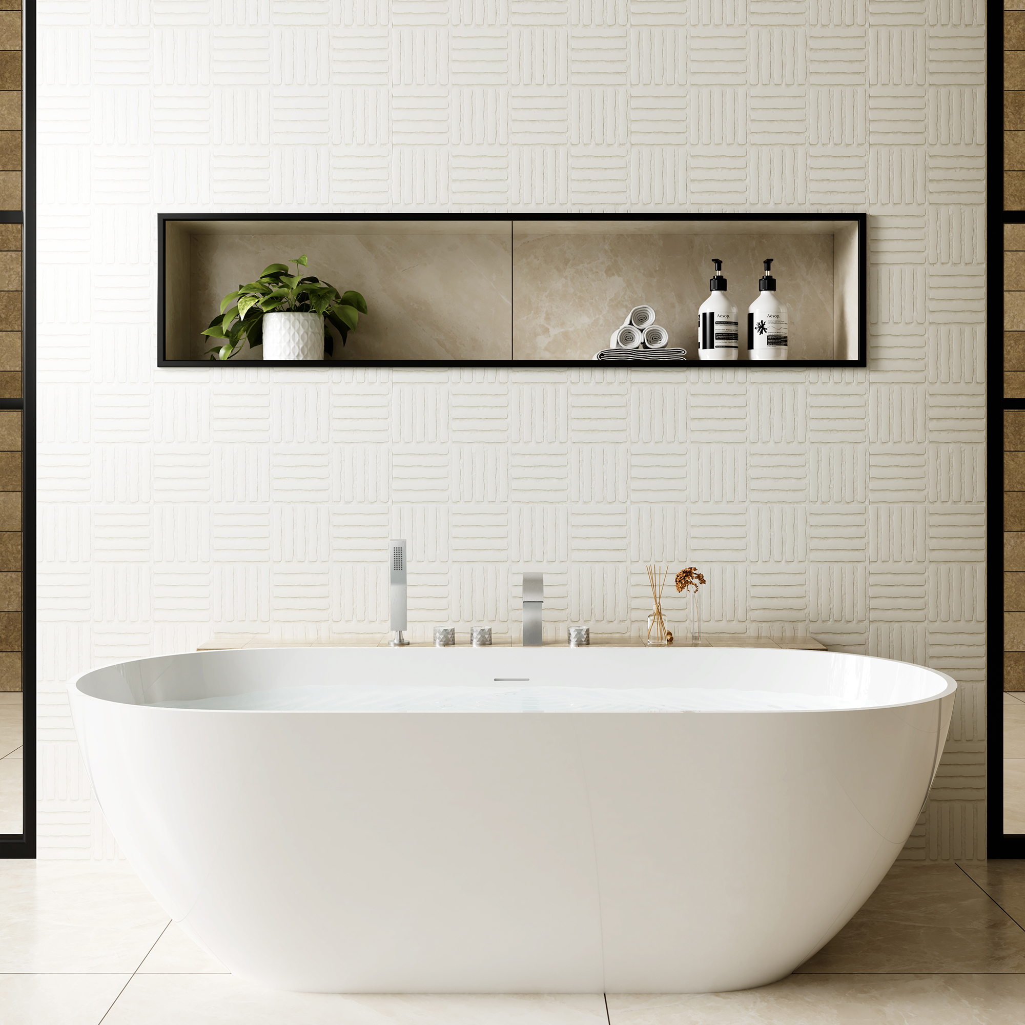 C-Shaped Curved Design 3-Handle Roman Bathtub Faucet with Hand Shower