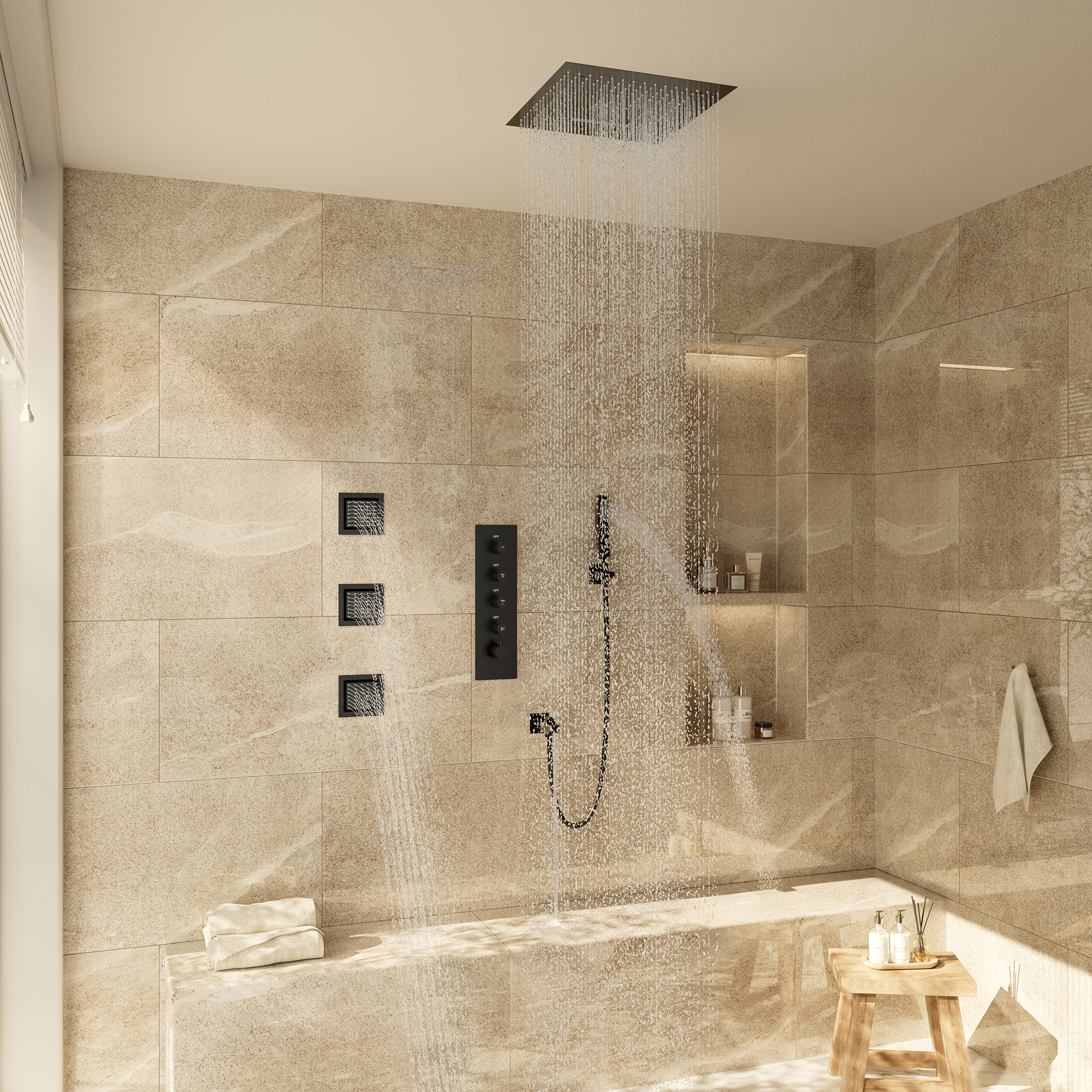 16" Ceiling-Mount 4-Way Shower System with LED Display and Music Player
