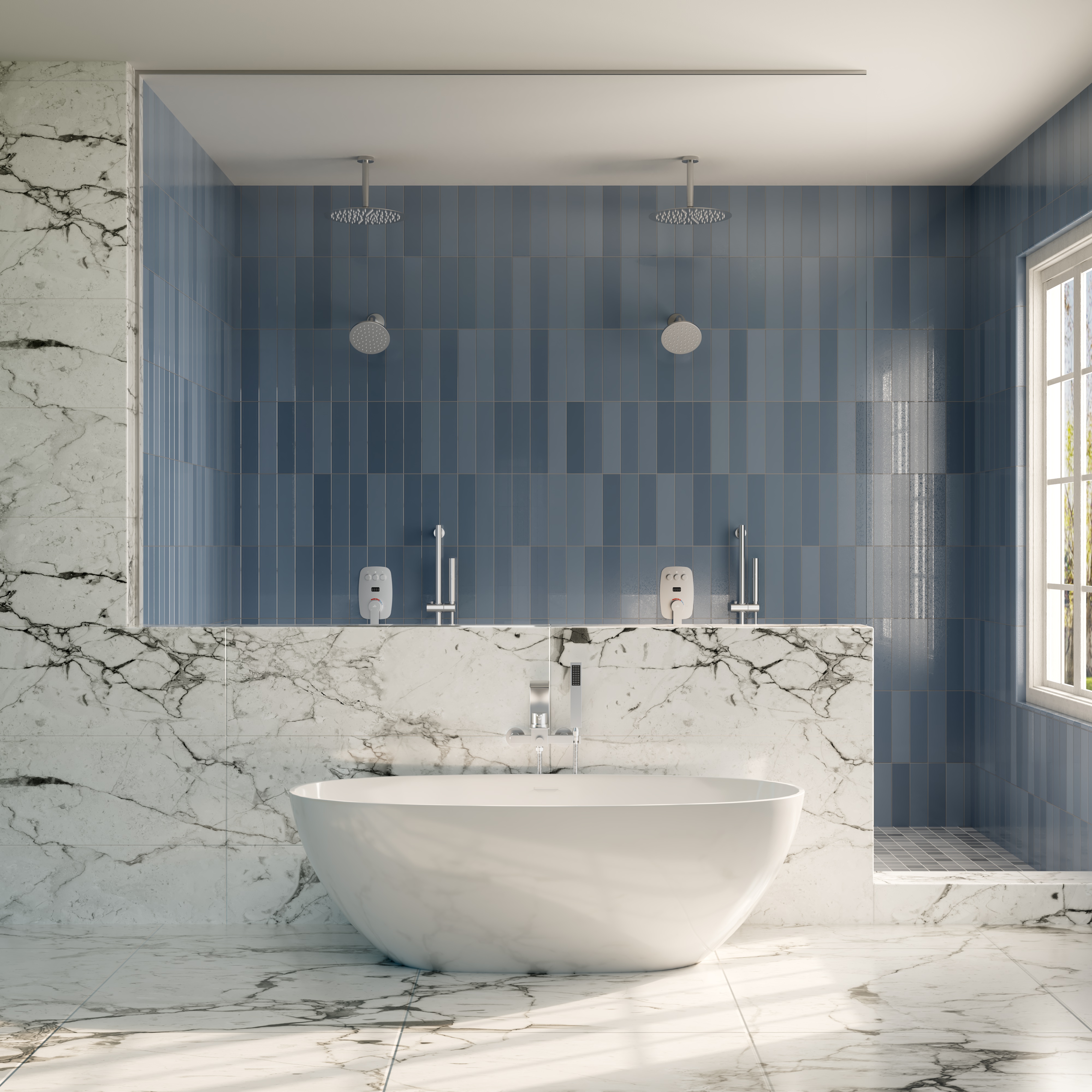 Wall-Mounted Brass Waterfall Tub Filler with Handheld Shower