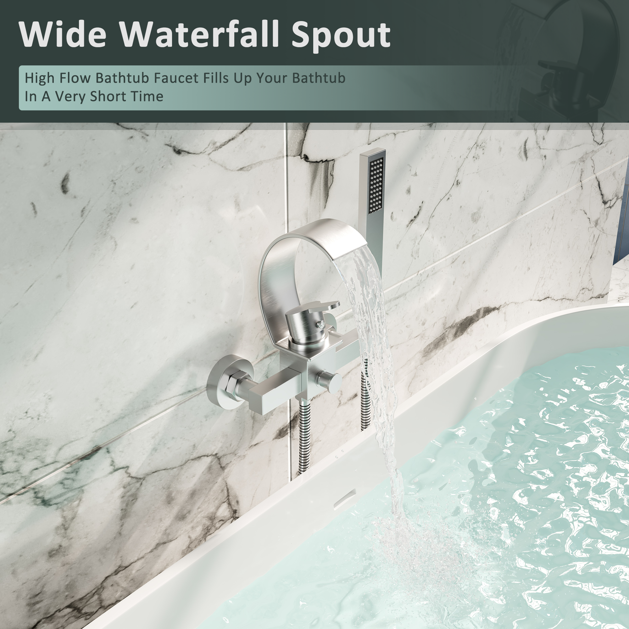 Wall-Mounted Brass Waterfall Tub Filler with Handheld Shower