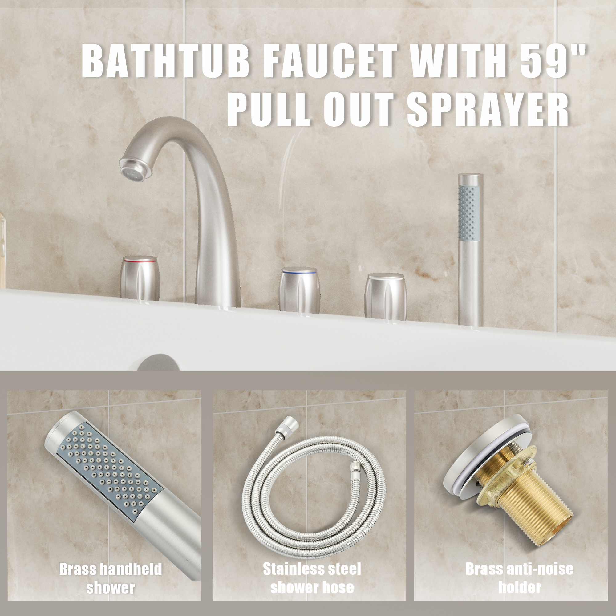 3-Handle Deck-Mounted Waterfall Roman Tub Faucet with Hand Shower