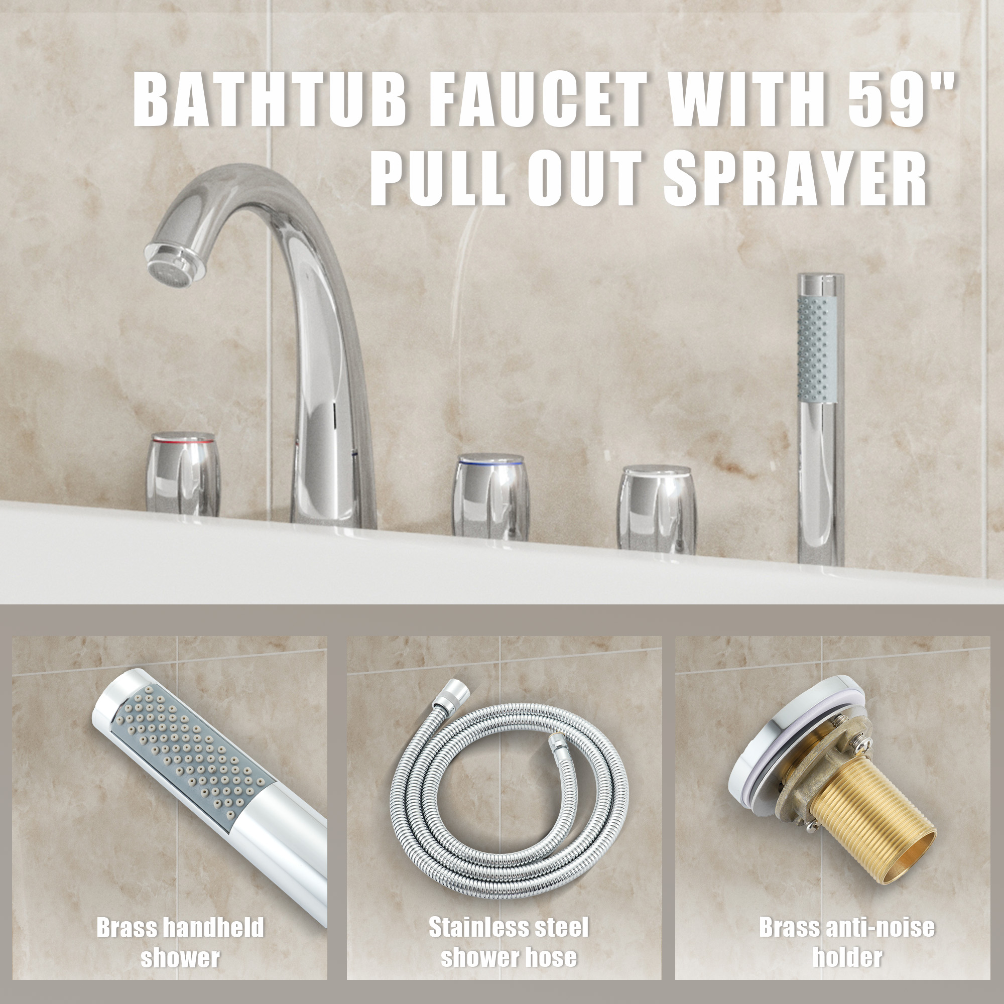 3-Handle Deck-Mounted Waterfall Roman Tub Faucet with Hand Shower